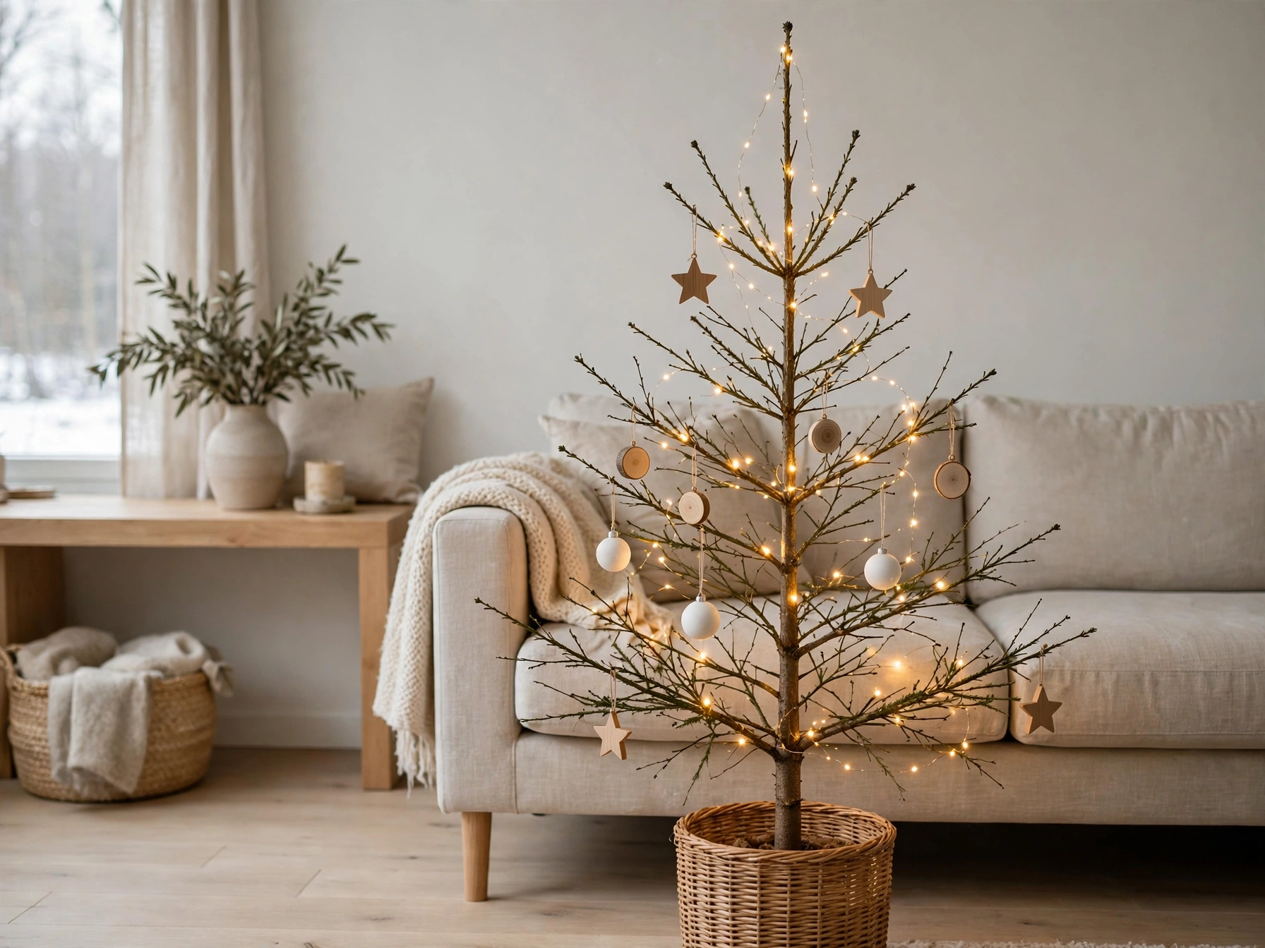 Scandinavian minimal Christmas tree with sparse branches and a few simple white ornaments