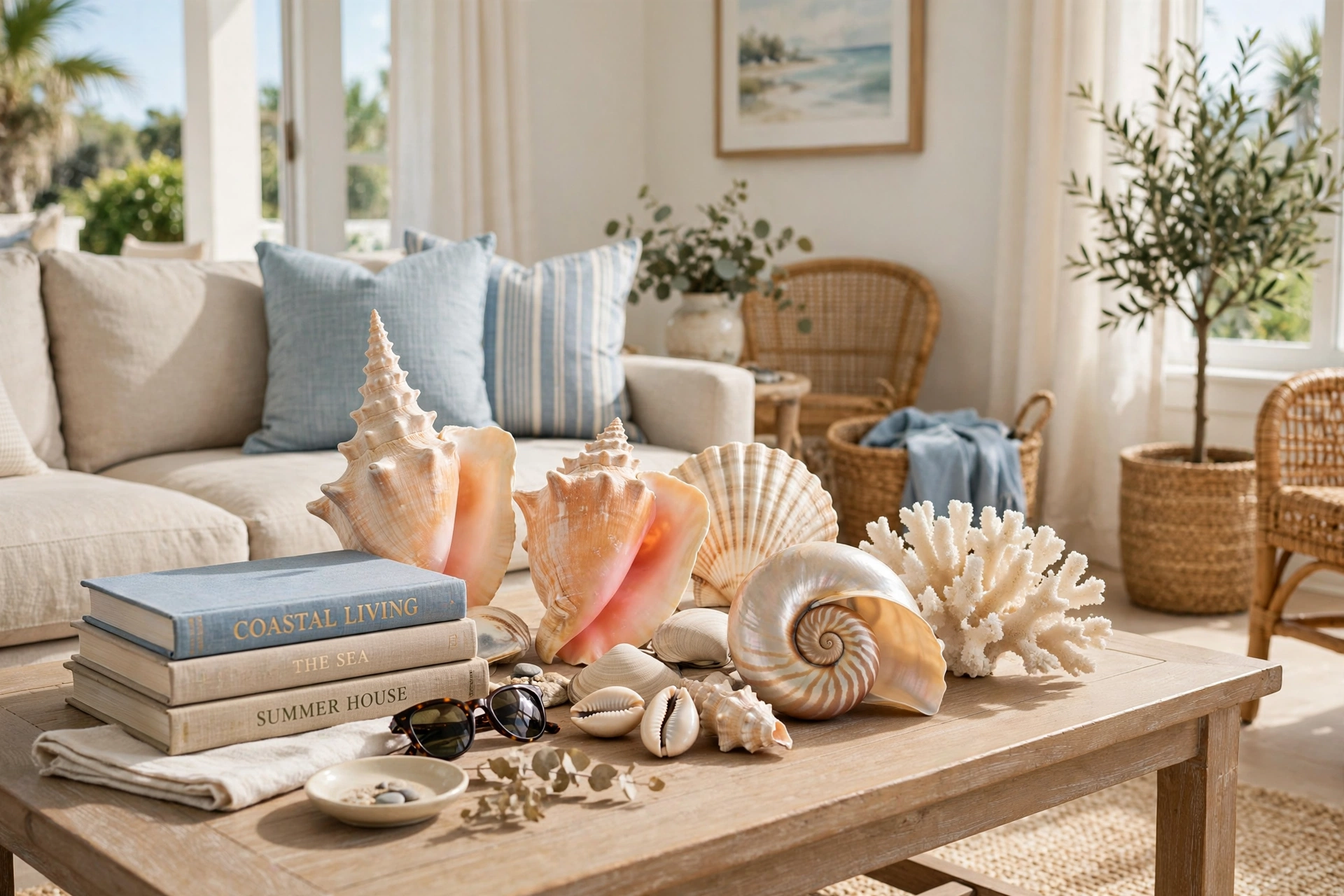 Collection of large seashells and a piece of white coral arranged on a coffee table beside books in a bright coastal living room.