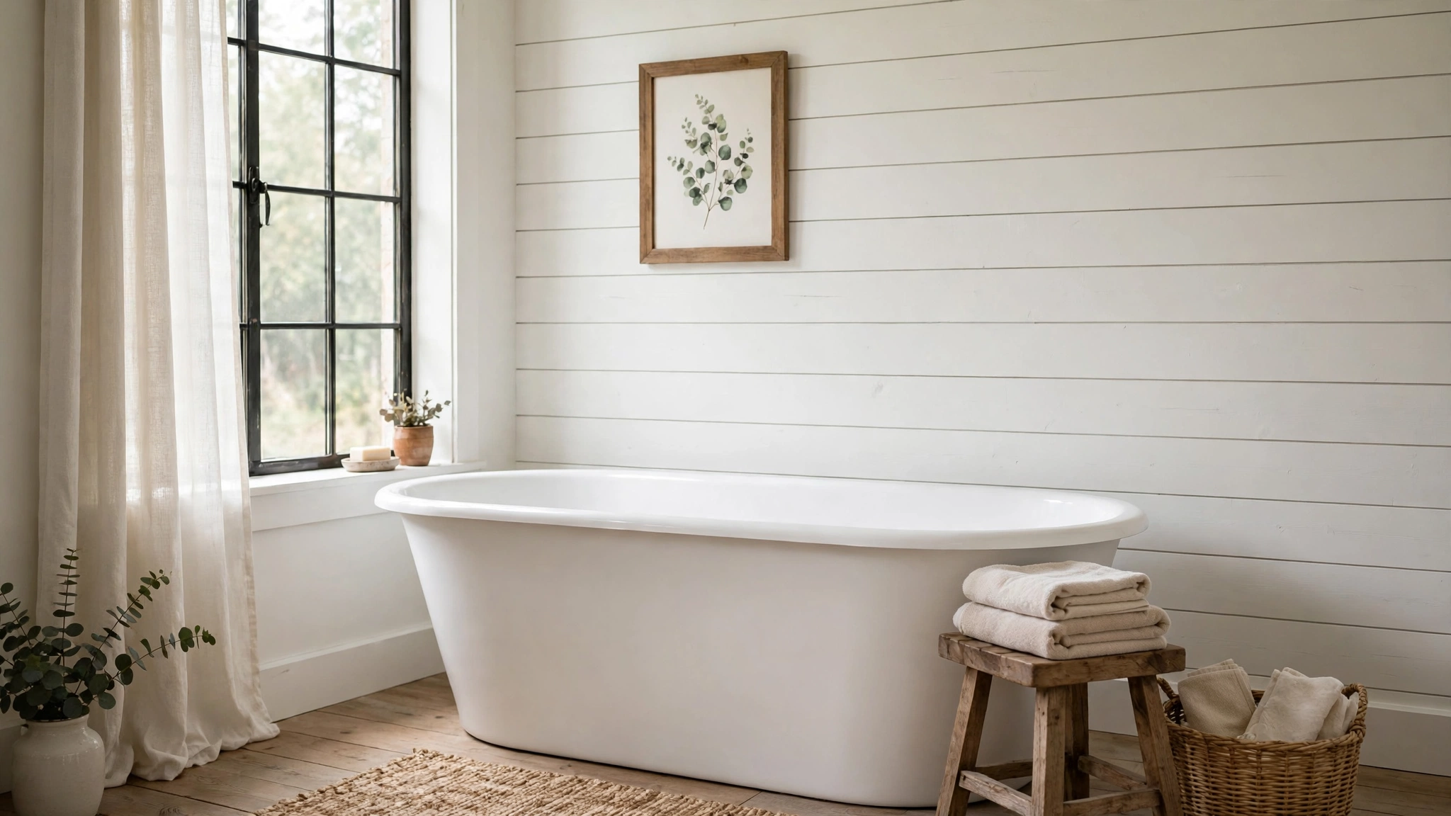 White shiplap accent wall in a bathroom behind a freestanding tub with soft window light