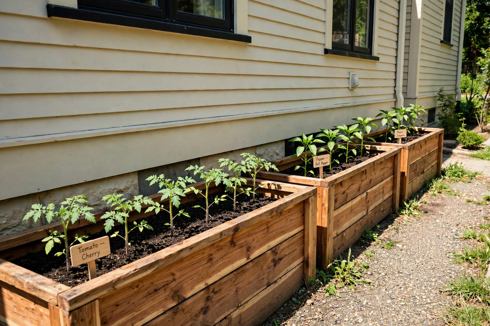 Narrow raised vegetable garden beds along the sunny side of a house, young tomato and pepper plants growing, wooden cedar frames.