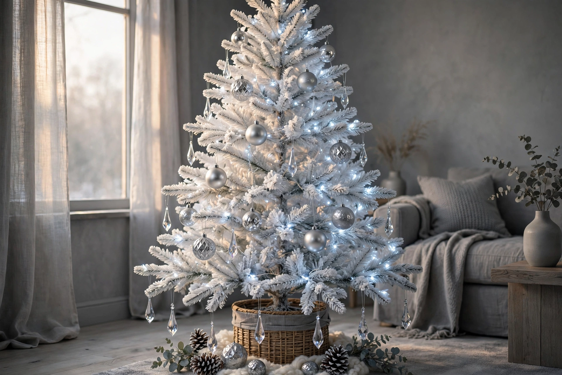 Silver and crystal frost — white Christmas tree idea
