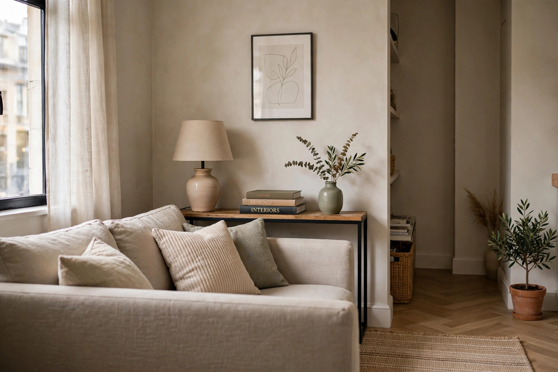 Slim console behind the sofa — narrow living room idea