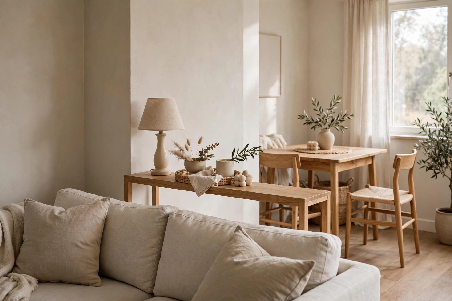 Slim console table with a small lamp behind a sofa in a small living dining combo.