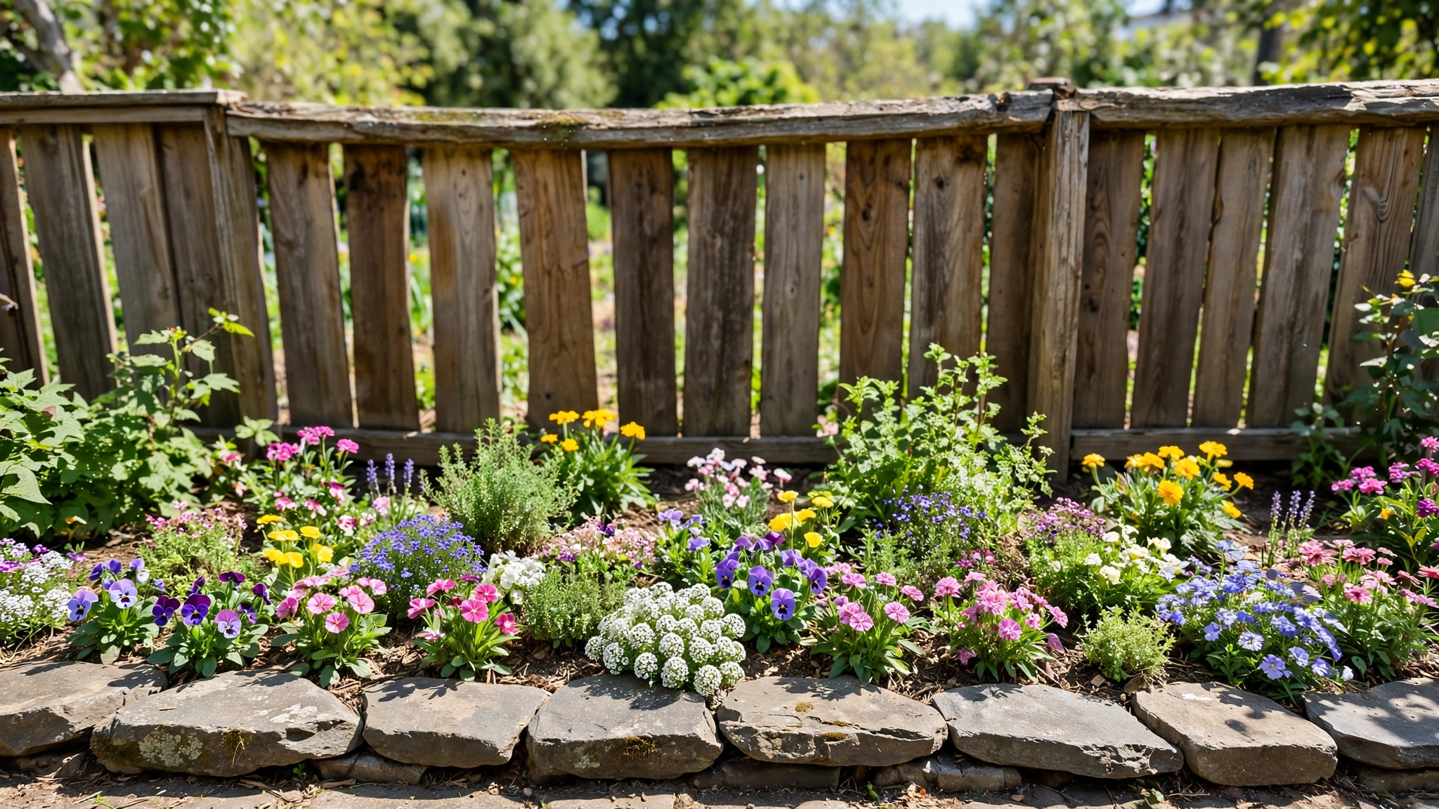 A neat garden bed edged with flat natural stones along a wooden fence, planted with low flowers.
