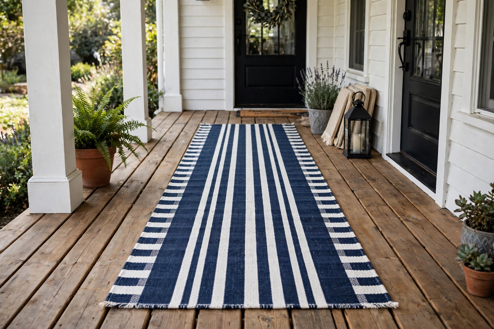 Navy and white striped outdoor rug runner laid on a wooden front porch.