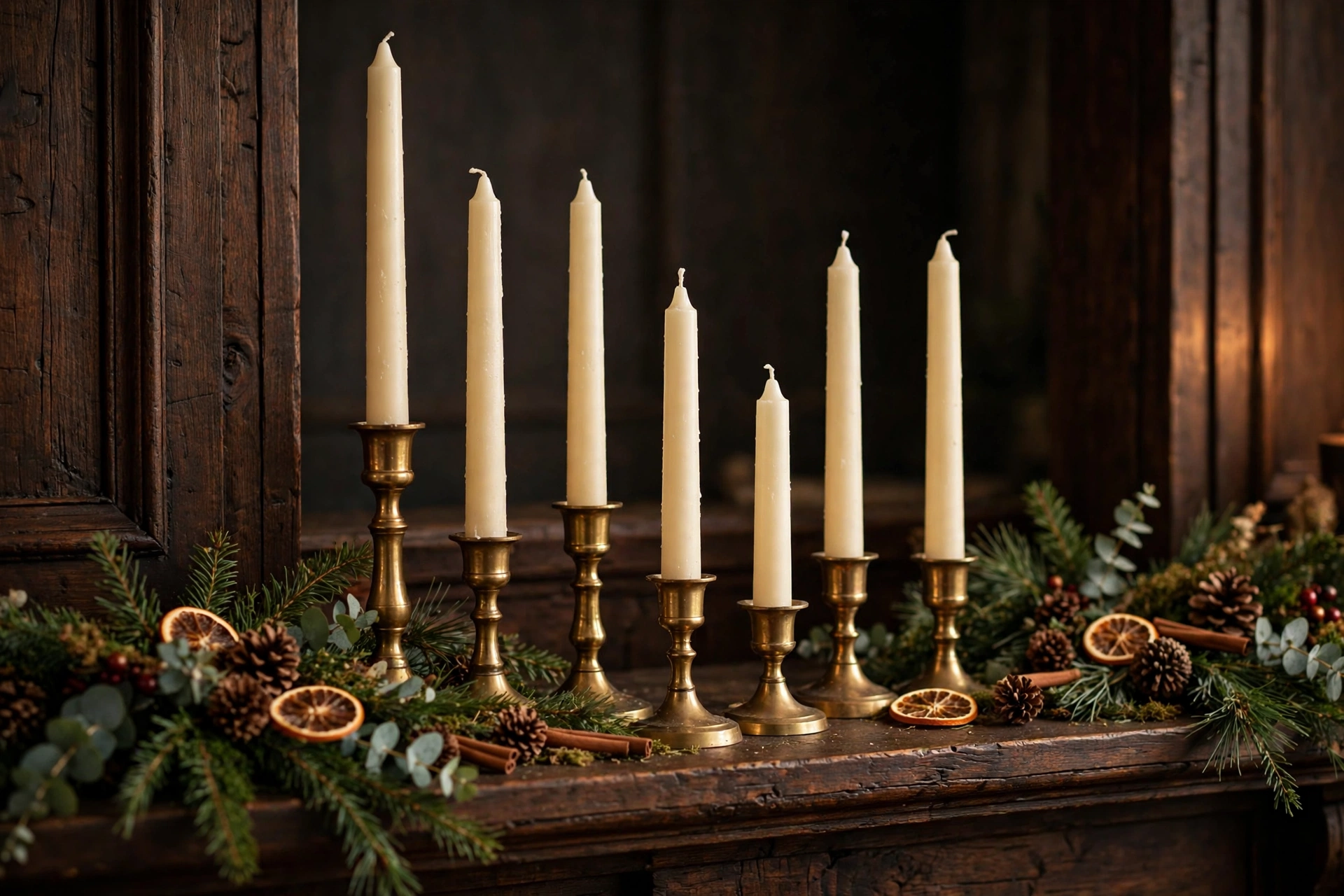 Group of cream taper candles in brass holders of varying heights on a dark wood mantel.