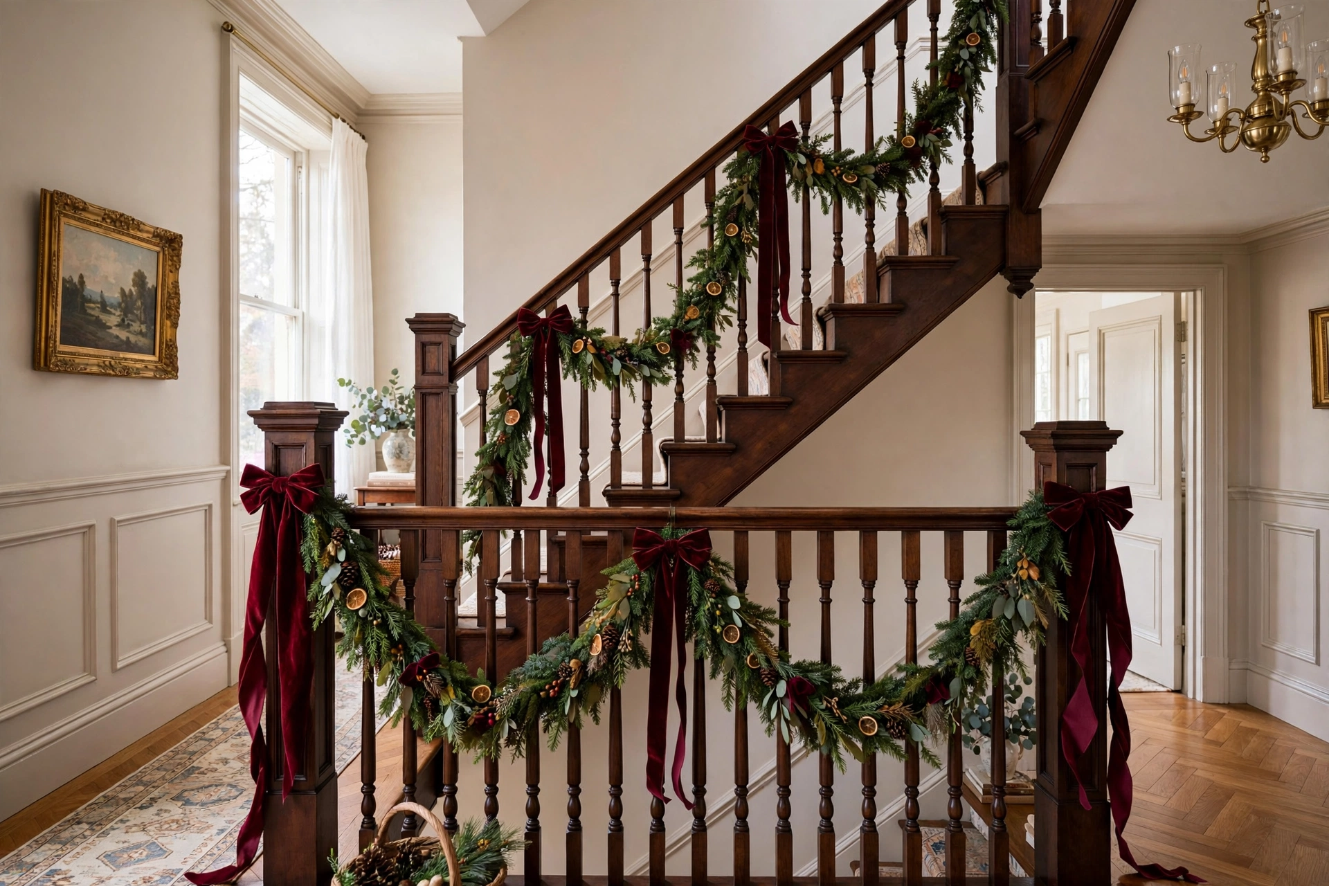 Garland swagged between staircase balusters with deep burgundy velvet ribbon bows.