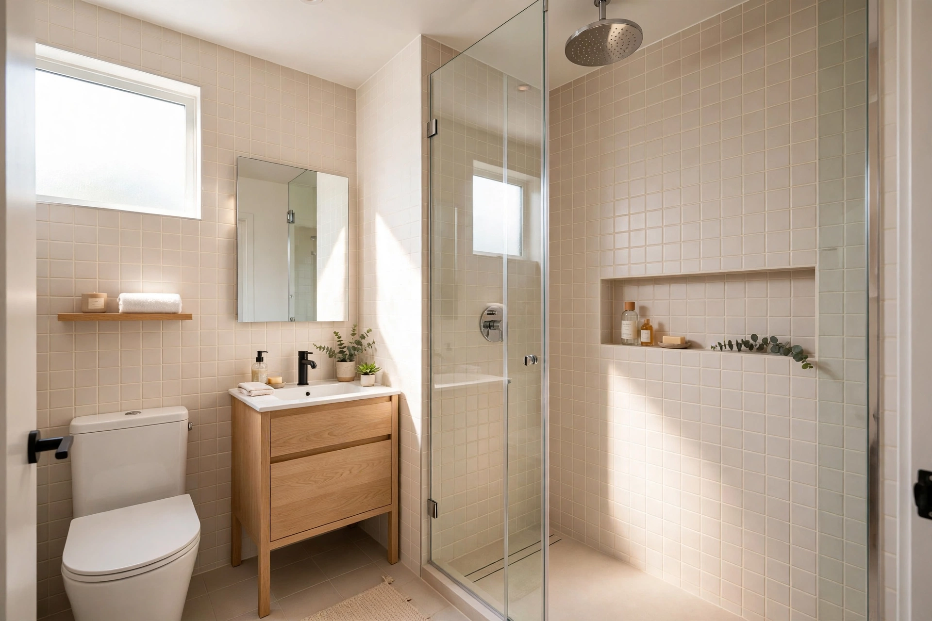 Walk-in shower with frameless glass — small bathroom idea