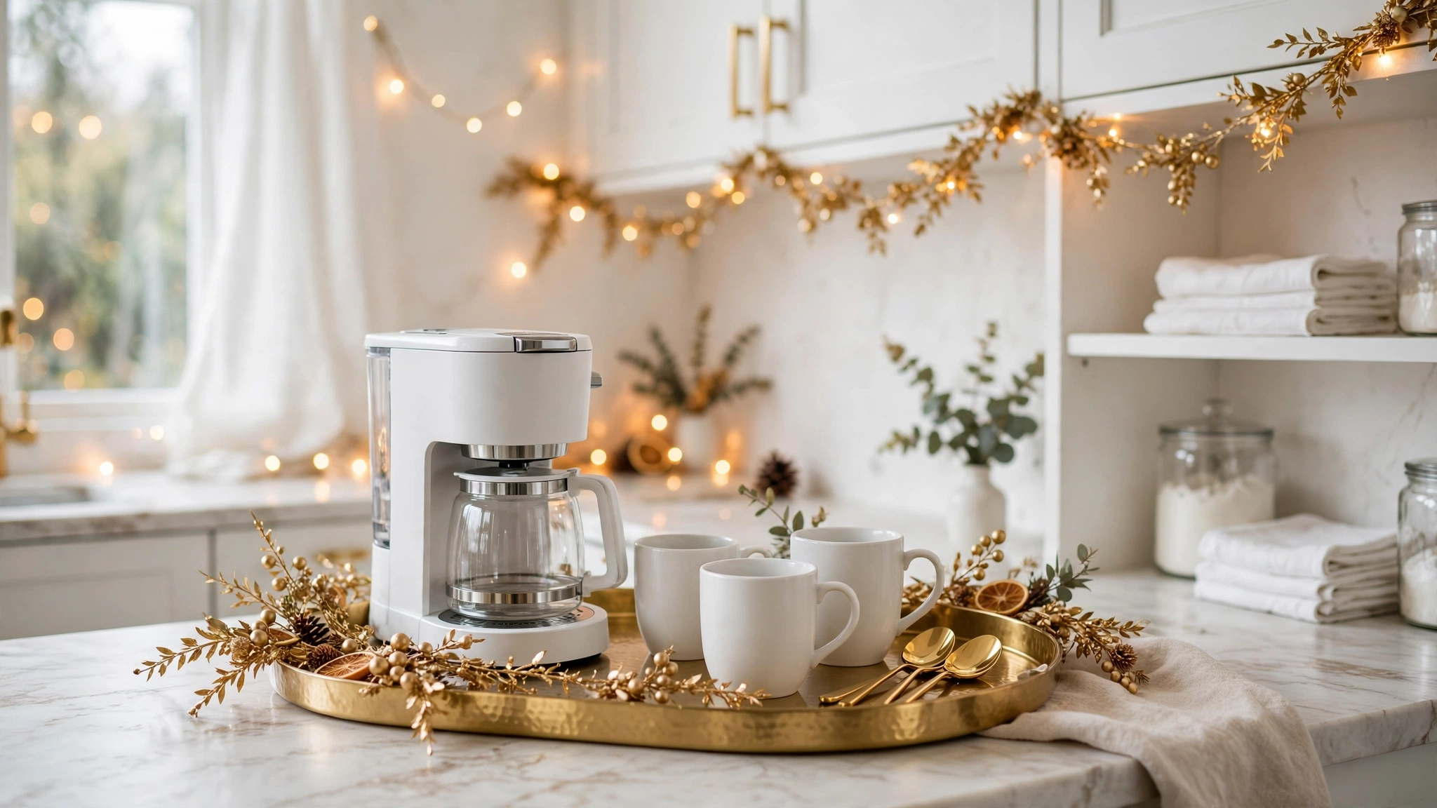 Elegant white and gold coffee nook with gold tray and fairy lights