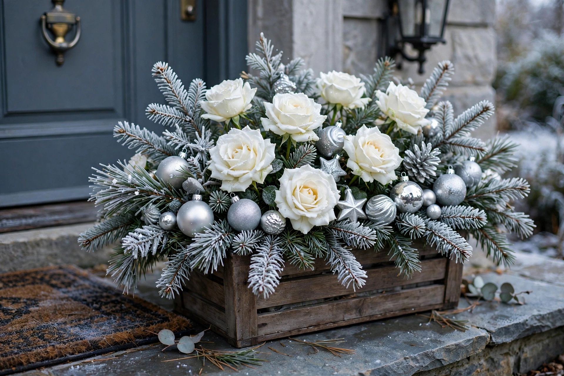Planter with white roses, frosted evergreens and silver ornaments on a doorstep.