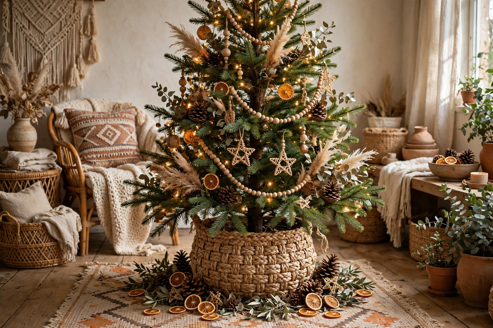 A Christmas tree with a woven seagrass basket collar around its base