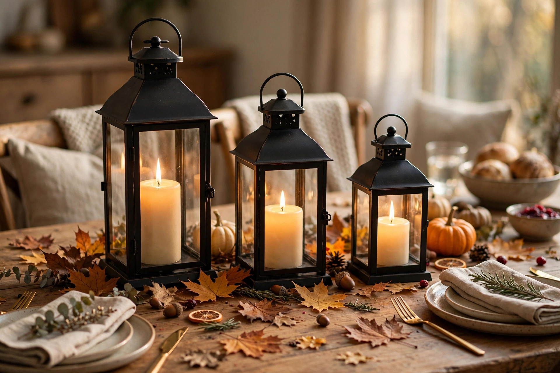 Candlelit lantern glow — Thanksgiving centerpiece idea