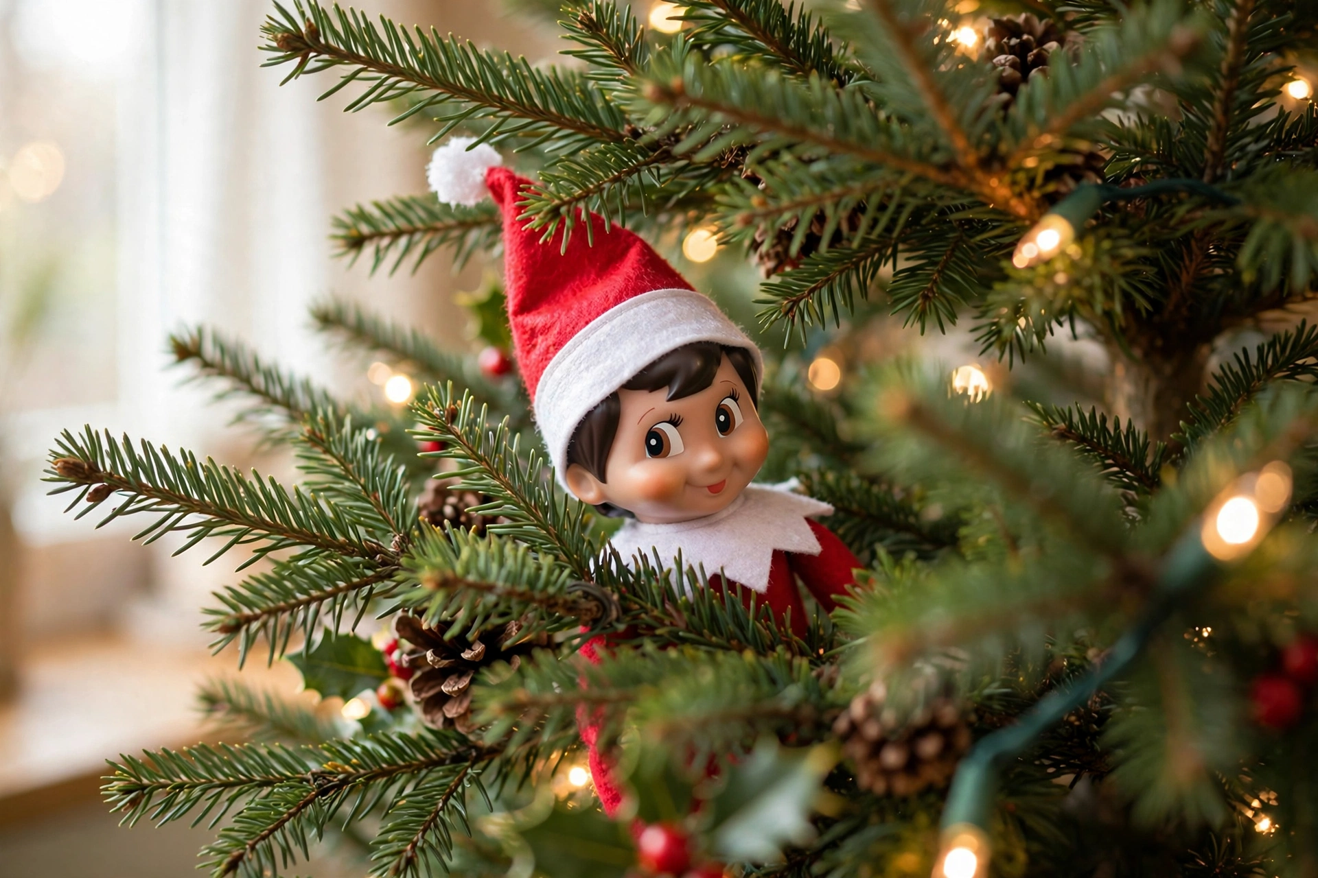 Elf hiding in the Christmas tree — elf on the shelf arrival idea