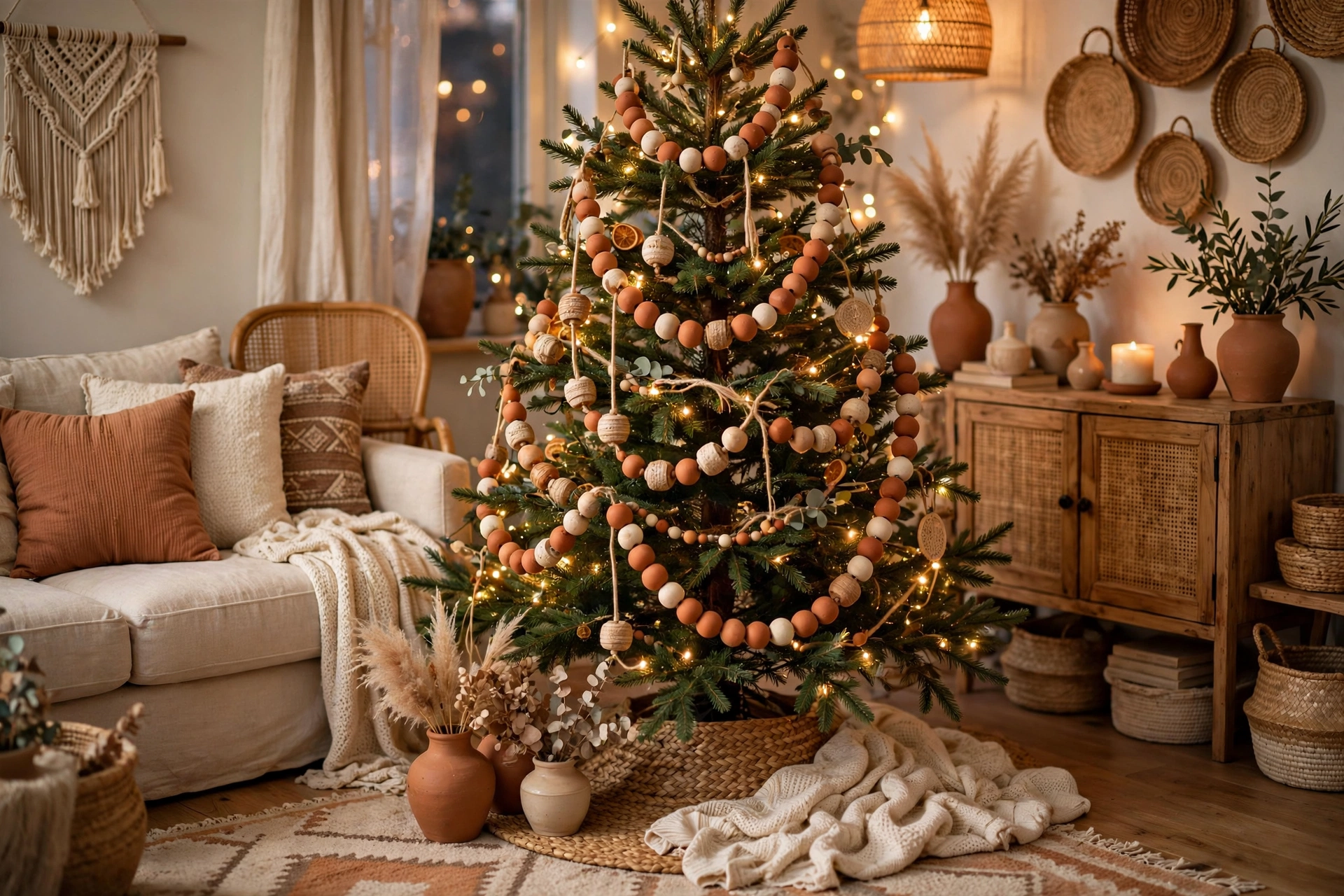 A handmade terracotta clay bead garland draped on a Christmas tree