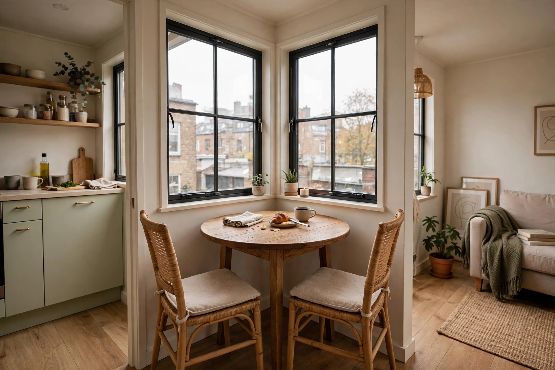 Small round dining table with two chairs tucked into a window corner of a tiny open plan.