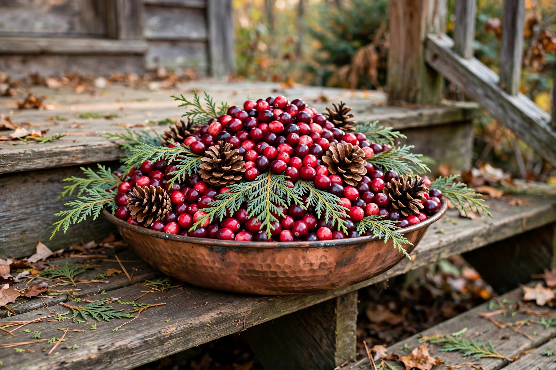 Shallow copper bowl heaped with cranberries, cedar sprigs and pinecones on porch steps.