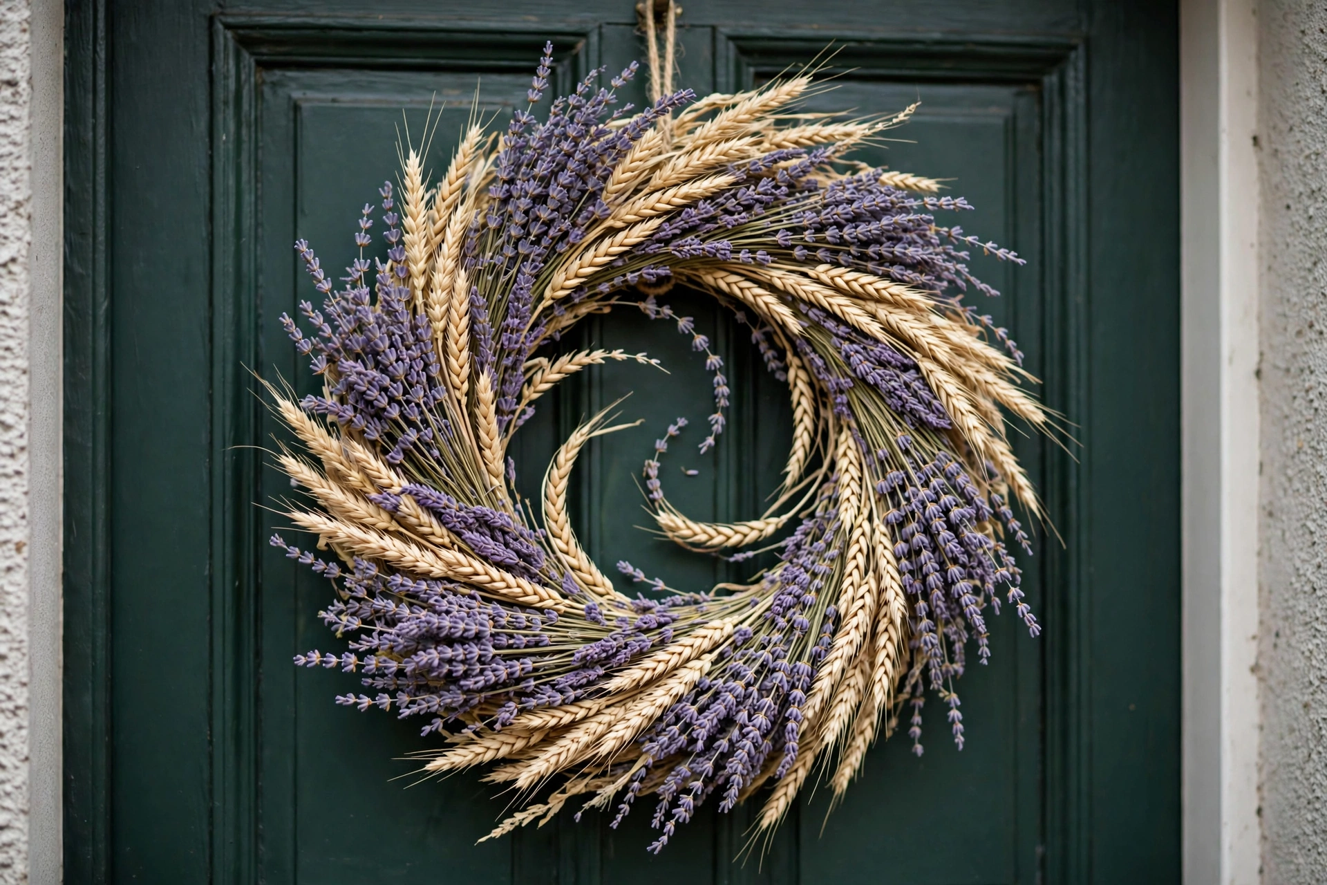 Wreath of dried purple lavender and golden wheat on a dark green front door.