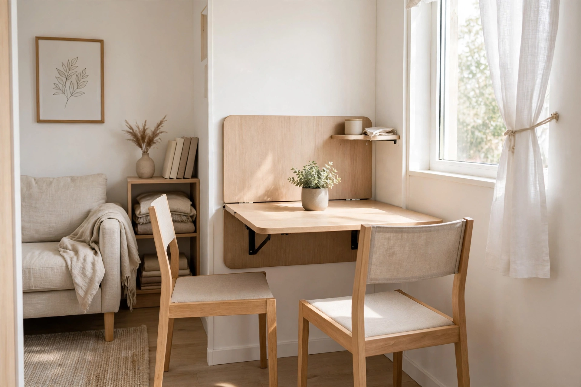 Wall-mounted drop-leaf dining table folded down against a wall in a small combo room.