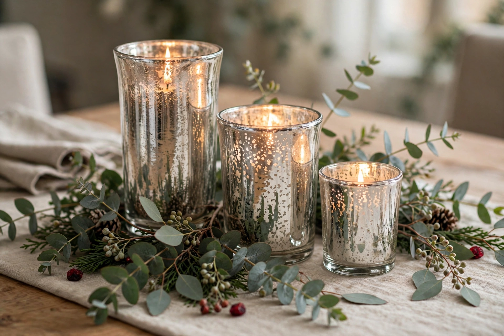 Silver mercury glass candle holders of varying heights with eucalyptus sprigs on a dining table.