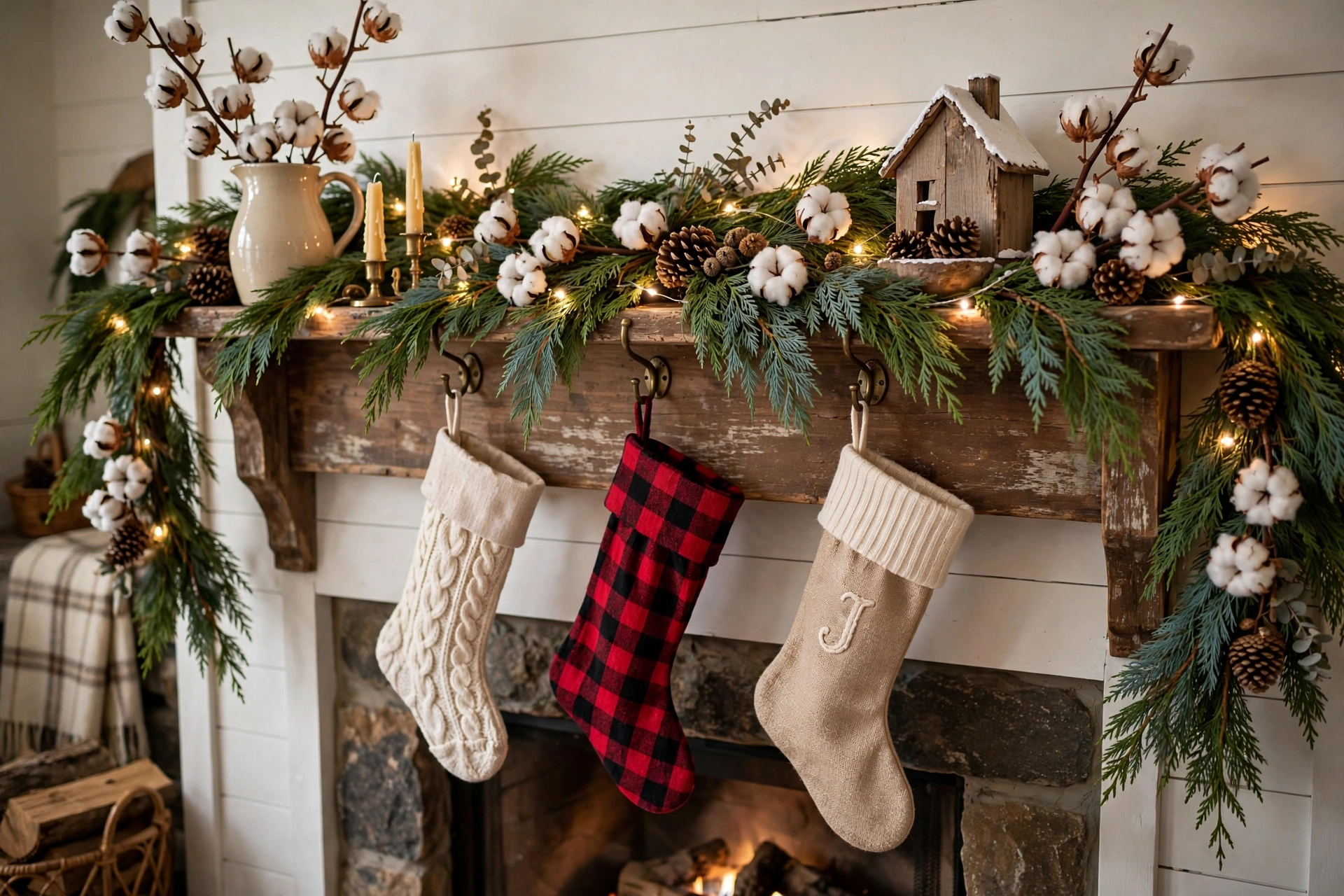 Farmhouse mantel decorated with cedar garland, cotton stems, pinecones and stockings.