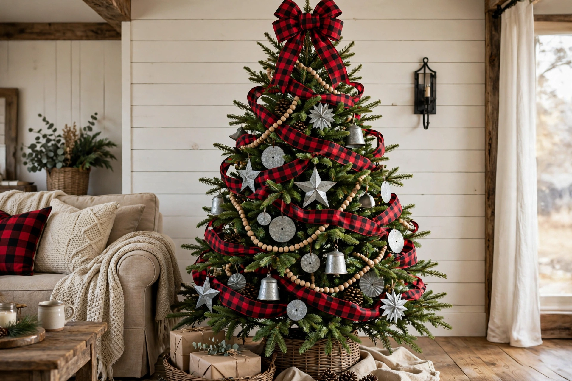 farmhouse Christmas tree with red black buffalo plaid ribbon and rustic metal ornaments