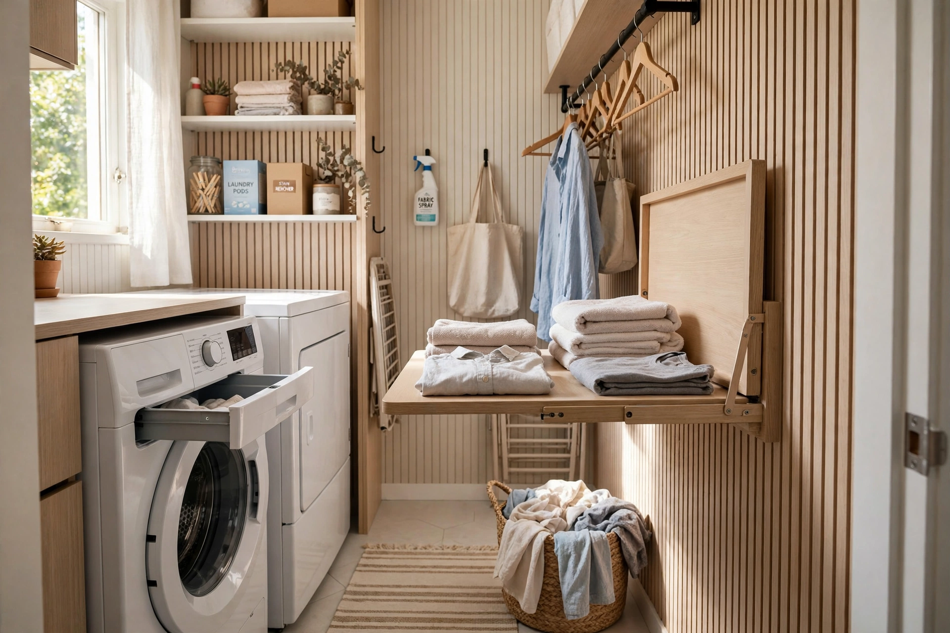 Wall-mounted fold-down table — small narrow laundry room idea