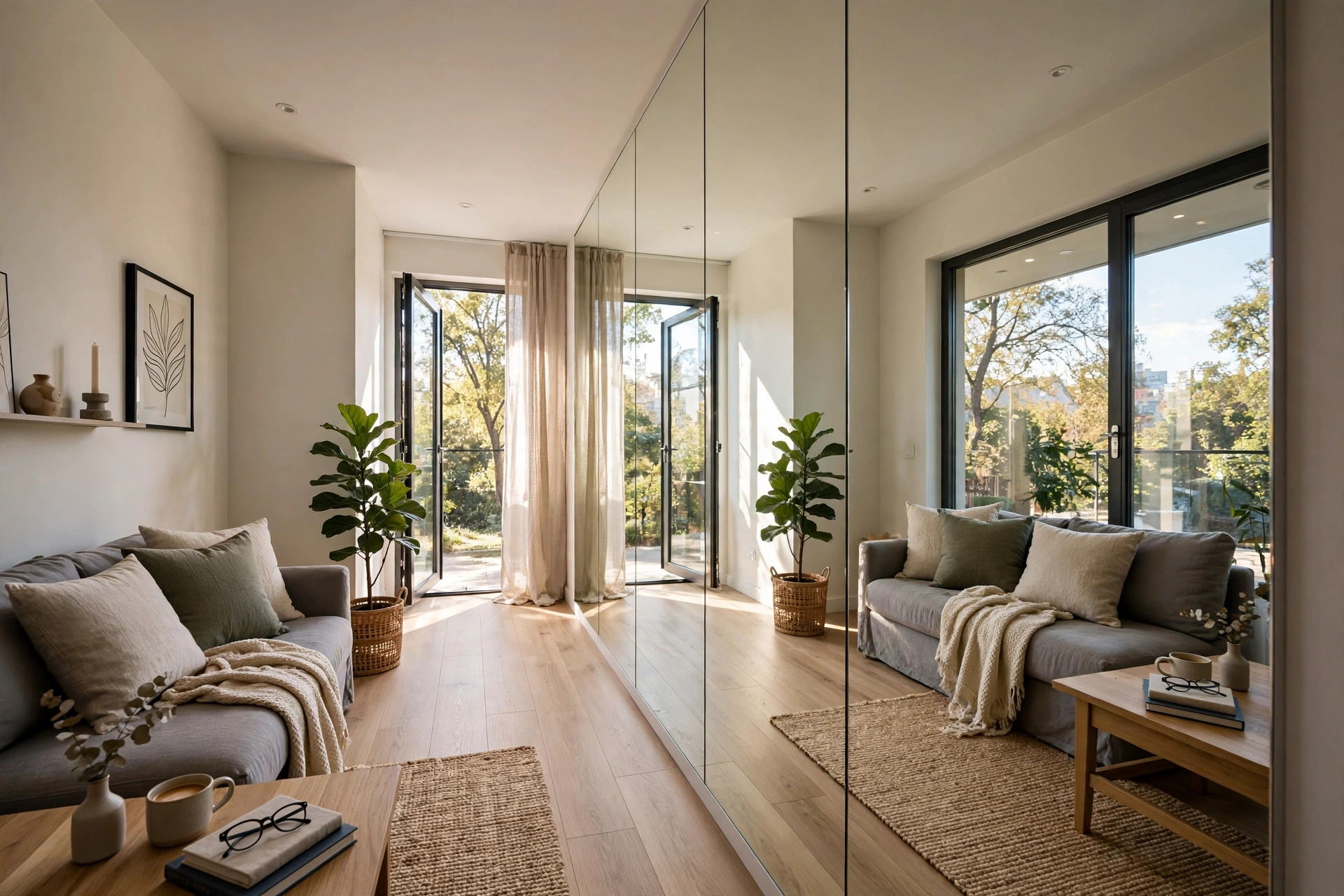 Full mirror wall — narrow living room idea