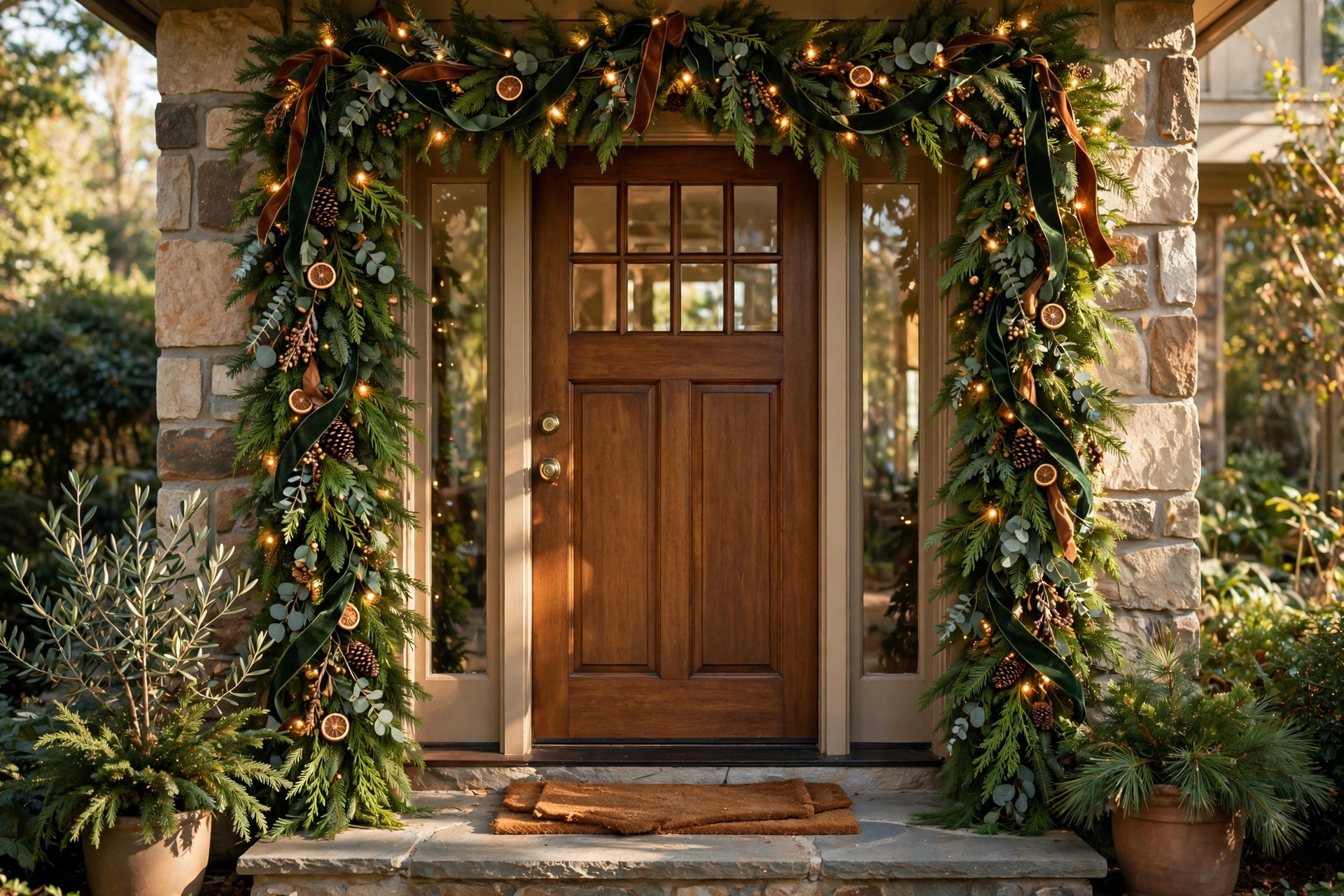 Garland-framed doorway — Christmas door idea