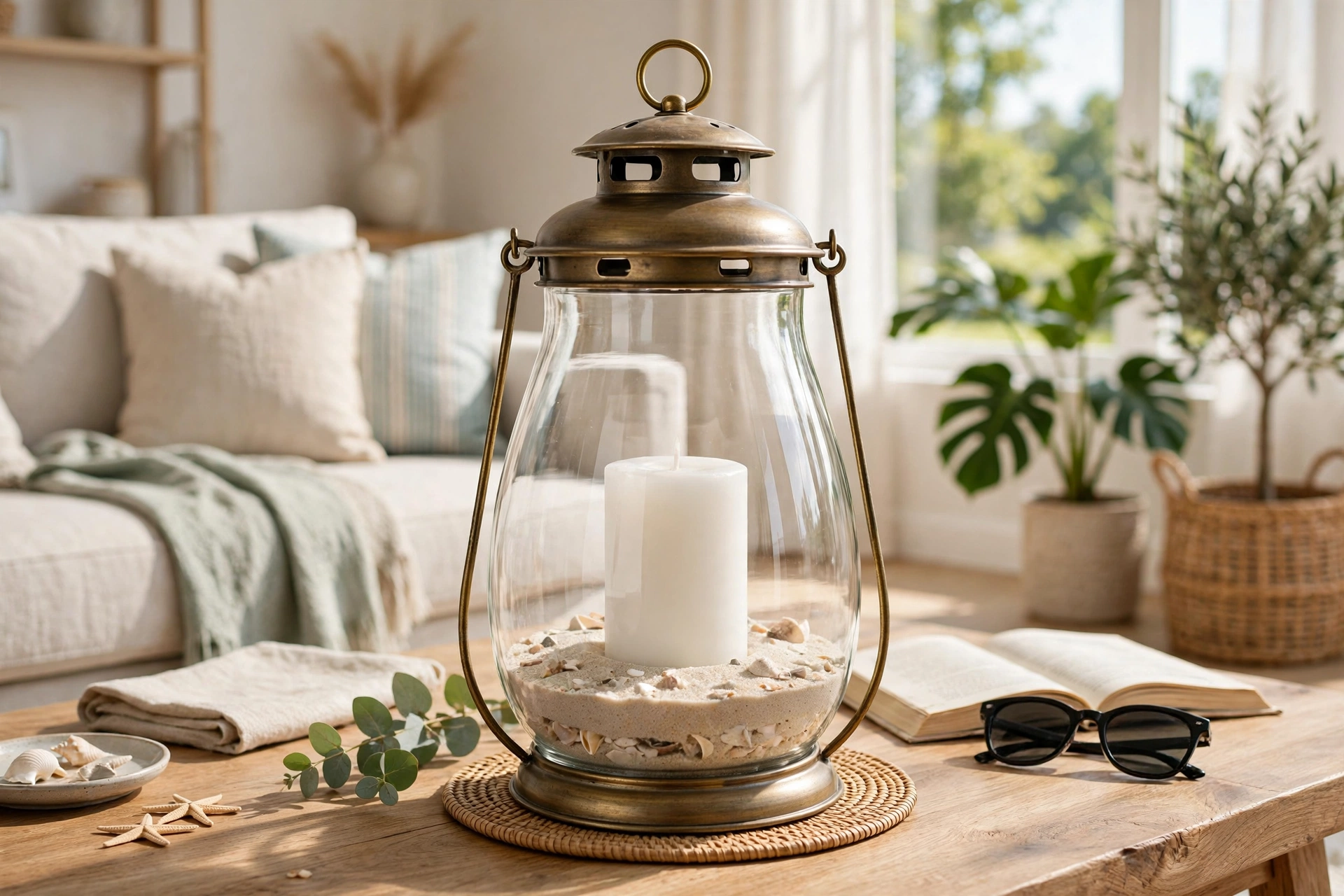 Glass hurricane lantern with a white pillar candle and a layer of sand at the bottom on a coffee table in a bright living room.