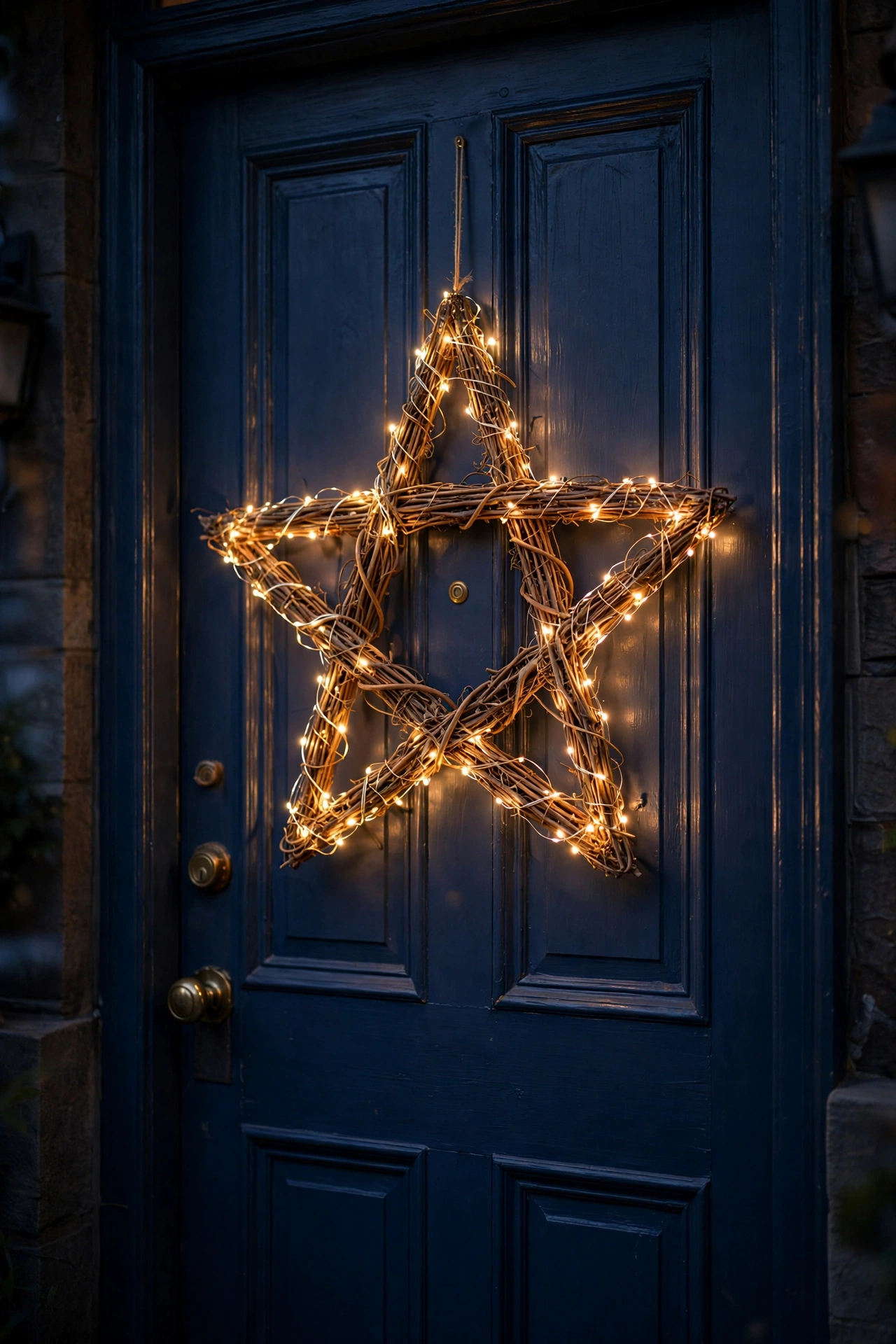 Gold star-shaped wreath wrapped in warm white fairy lights on a navy apartment door, glowing softly.