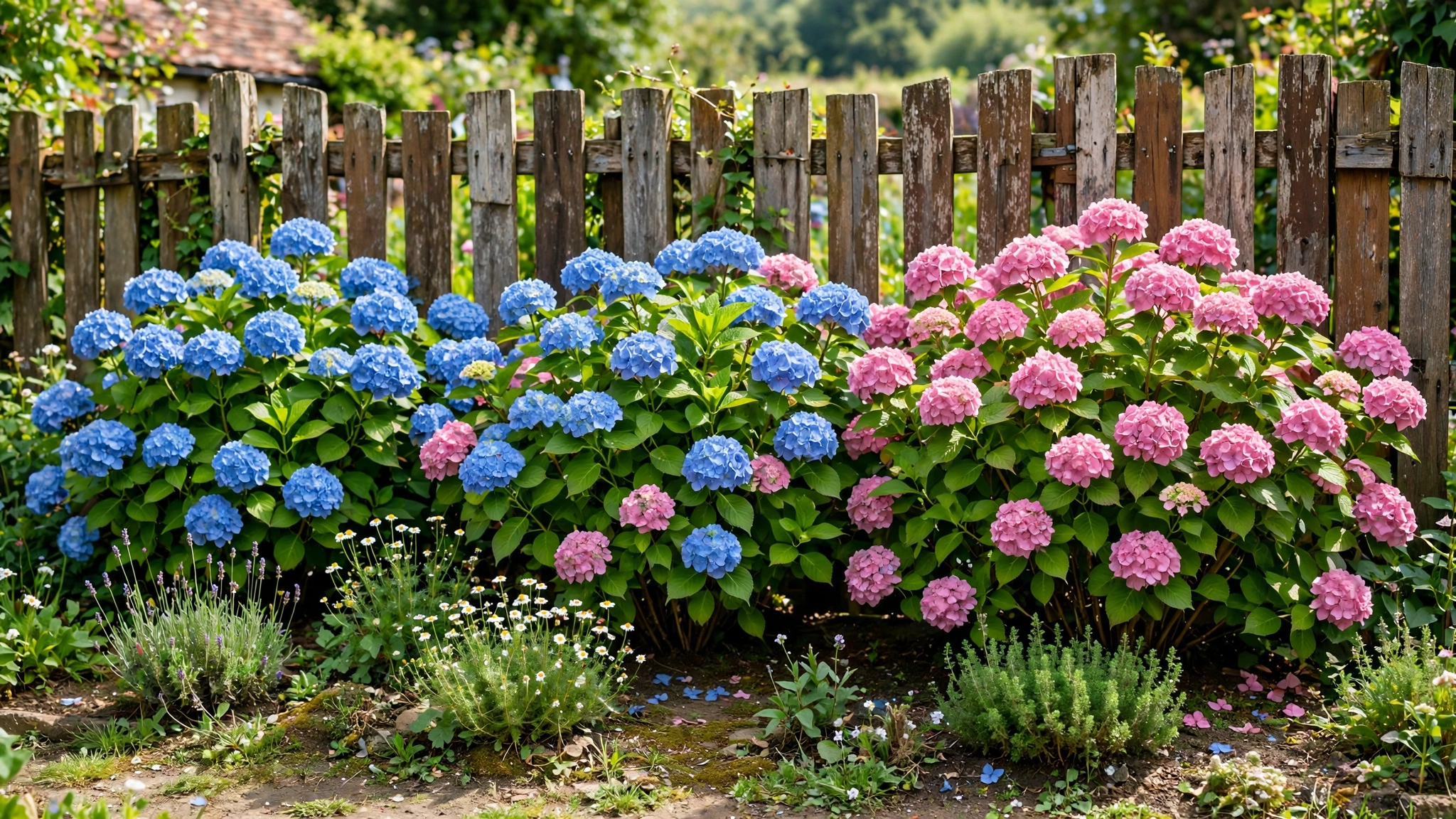 A row of blooming blue and pink hydrangeas planted along a wooden fence.