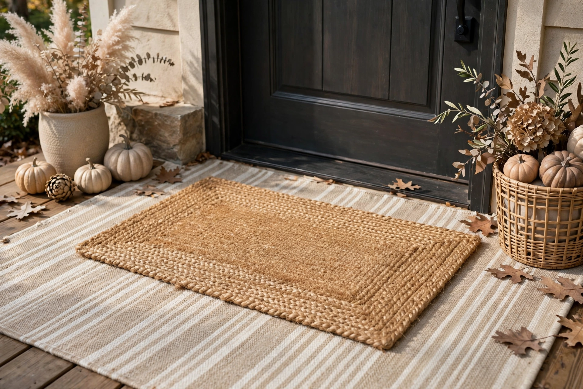 Jute doormat layered over a neutral striped outdoor rug at a front door.