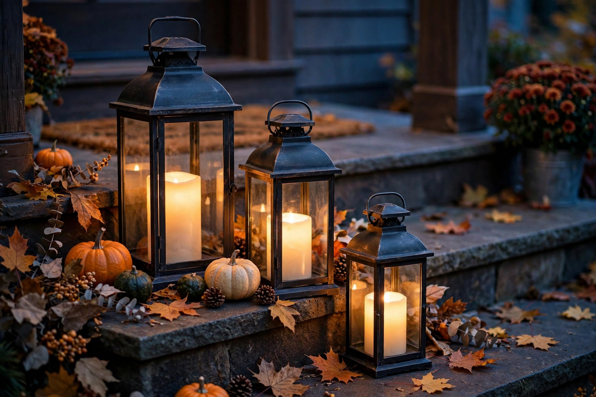 Cluster of three lanterns with candles glowing on porch steps at dusk.
