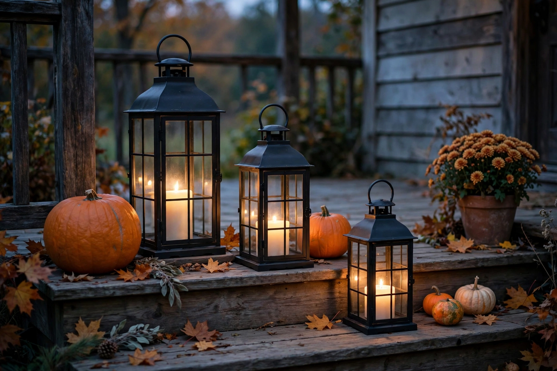 Three black metal lanterns with glowing candles on farmhouse porch steps.