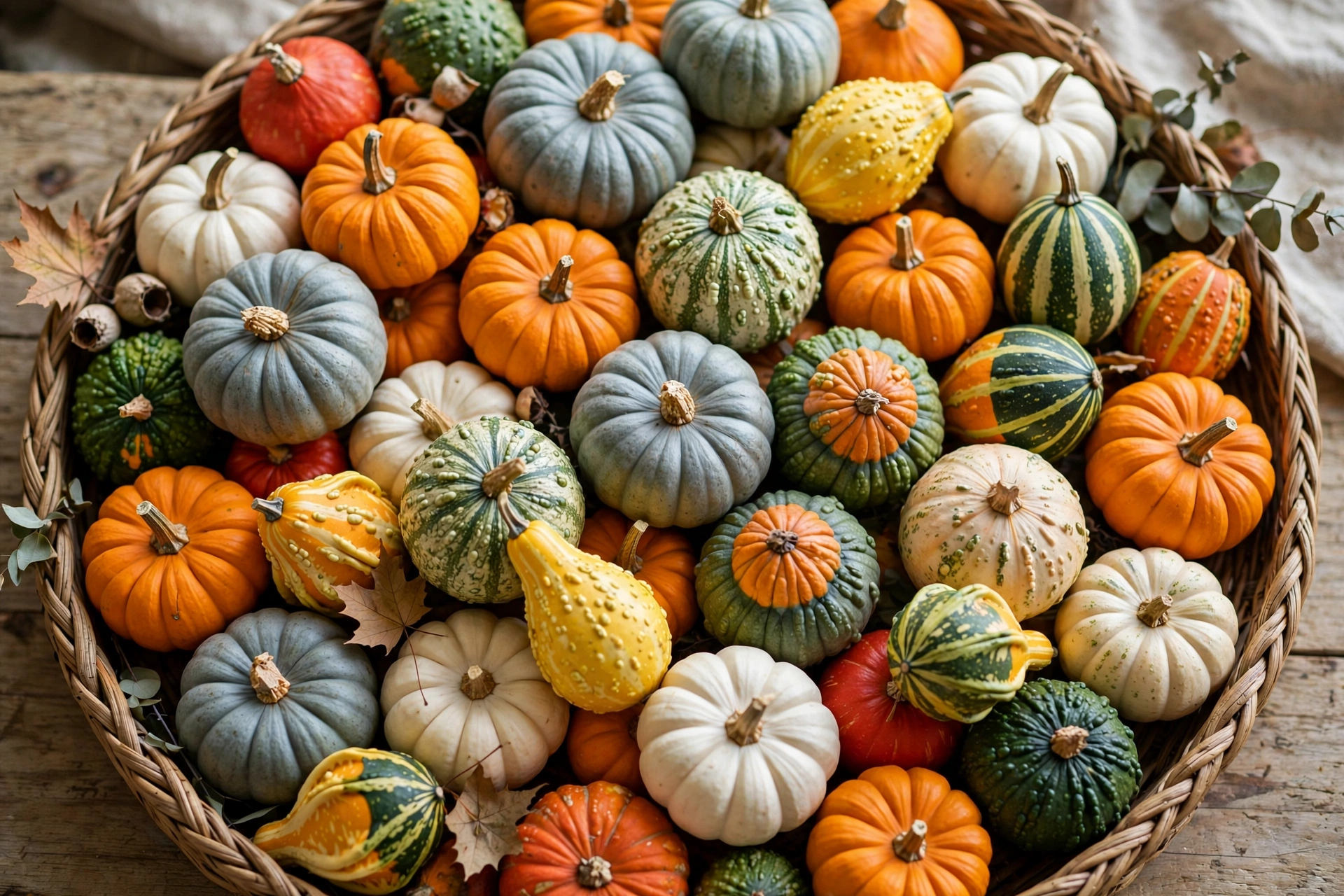 Shallow round tray packed tightly with colorful mini pumpkins and gourds.