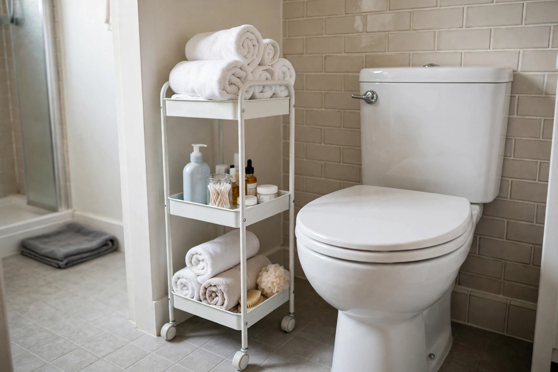 A narrow white three-tier rolling storage cart beside a toilet in a small bathroom holding rolled towels and toiletries, realistic photo, no text