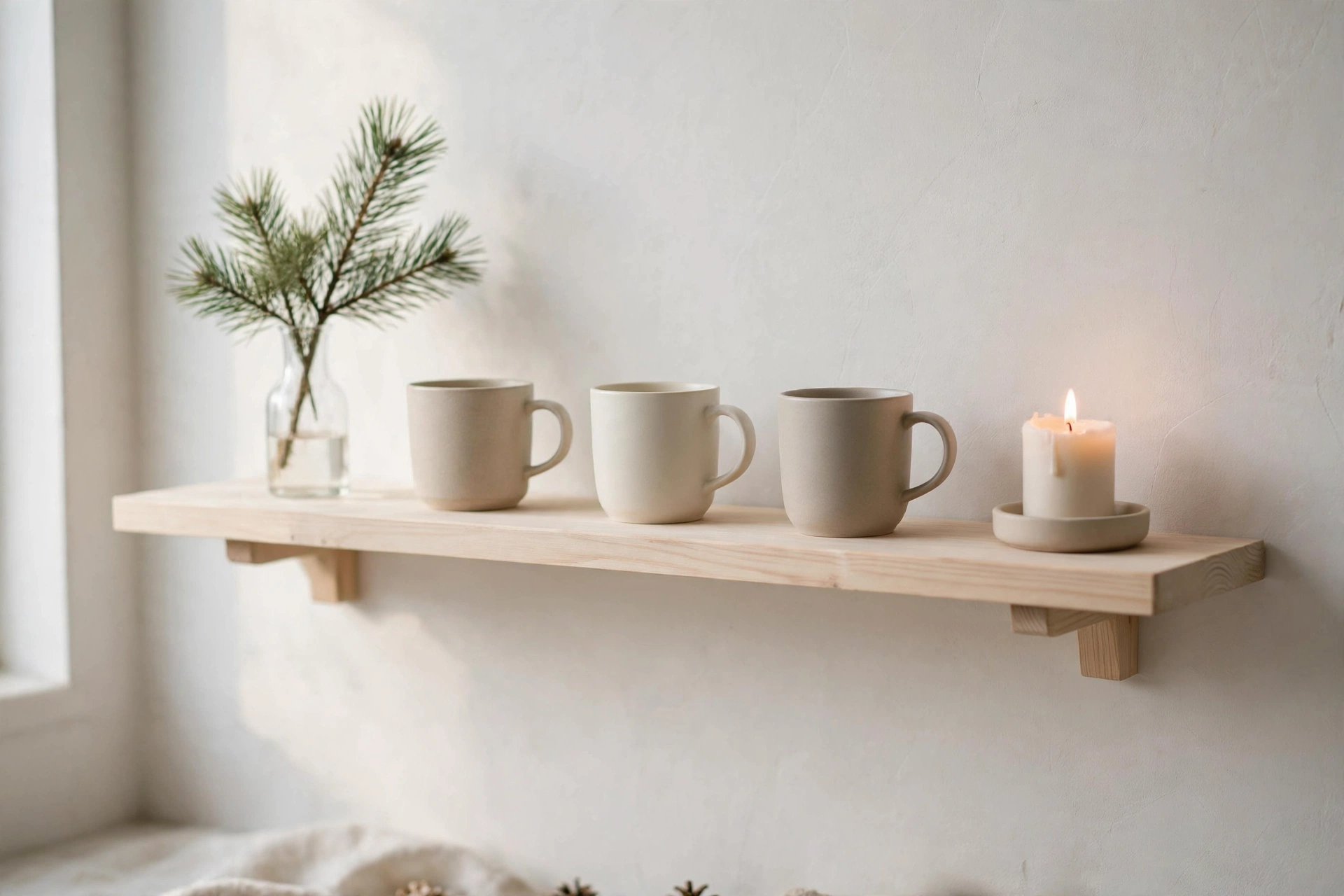 Minimal Nordic floating shelf with neutral mugs and pine sprig