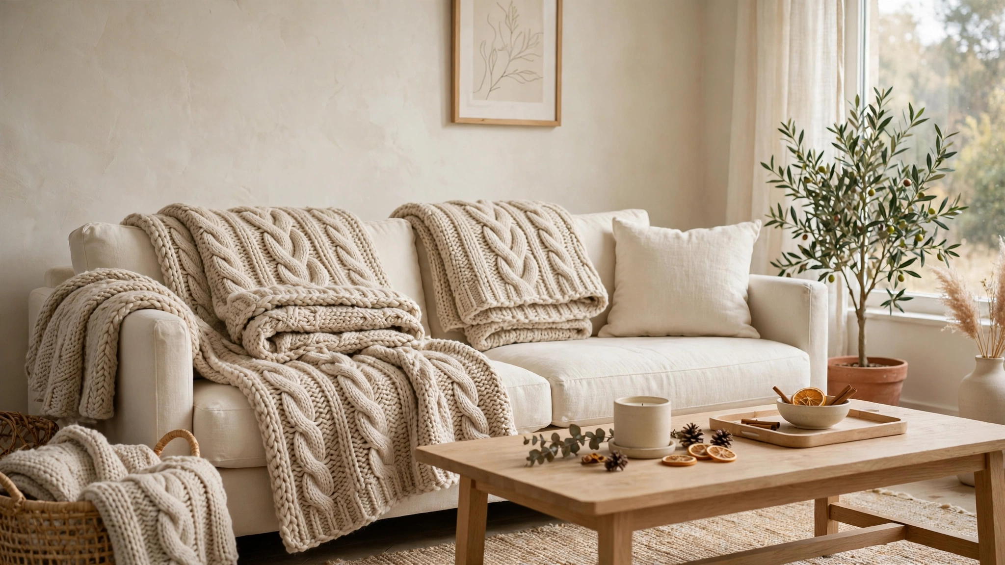 Oatmeal-toned chunky knit throw blankets folded over a cream sofa in a cozy living room.