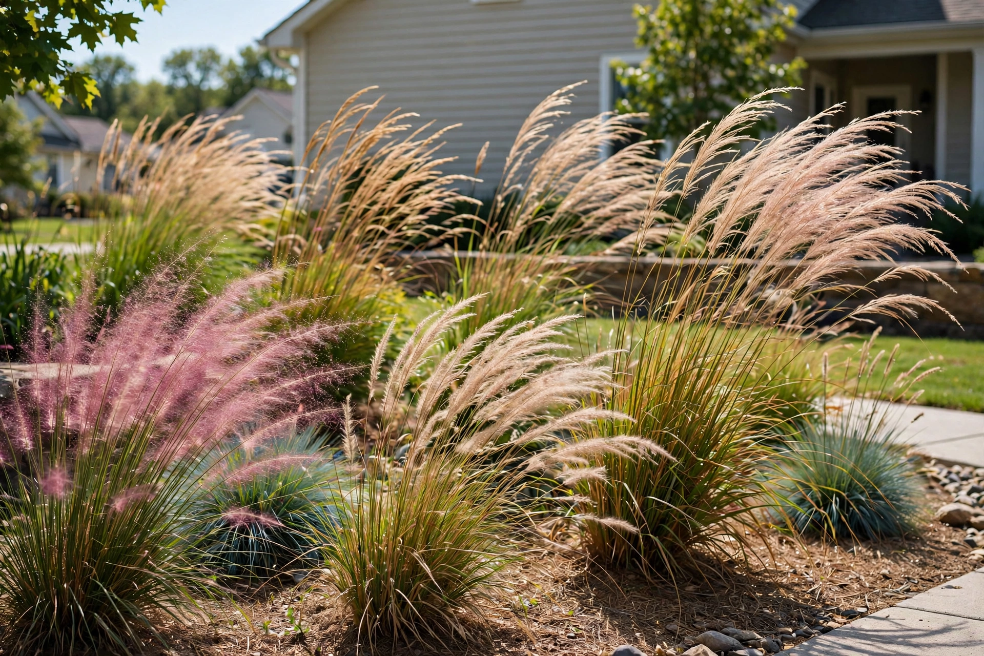 Clusters of ornamental grasses swaying in a sunny front yard landscape bed.