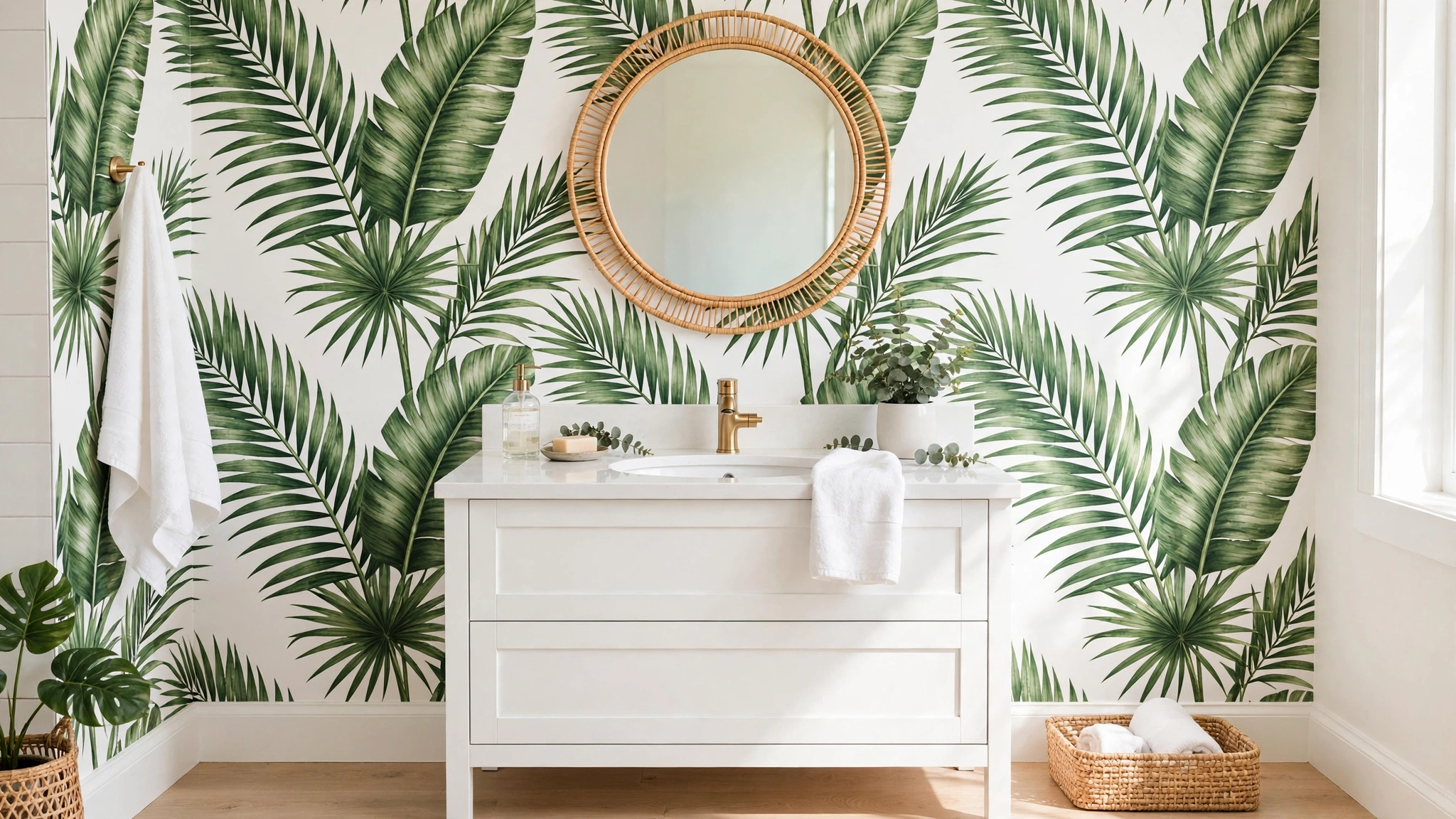 Bathroom wall with peel-and-stick botanical wallpaper panel in green and white behind a vanity