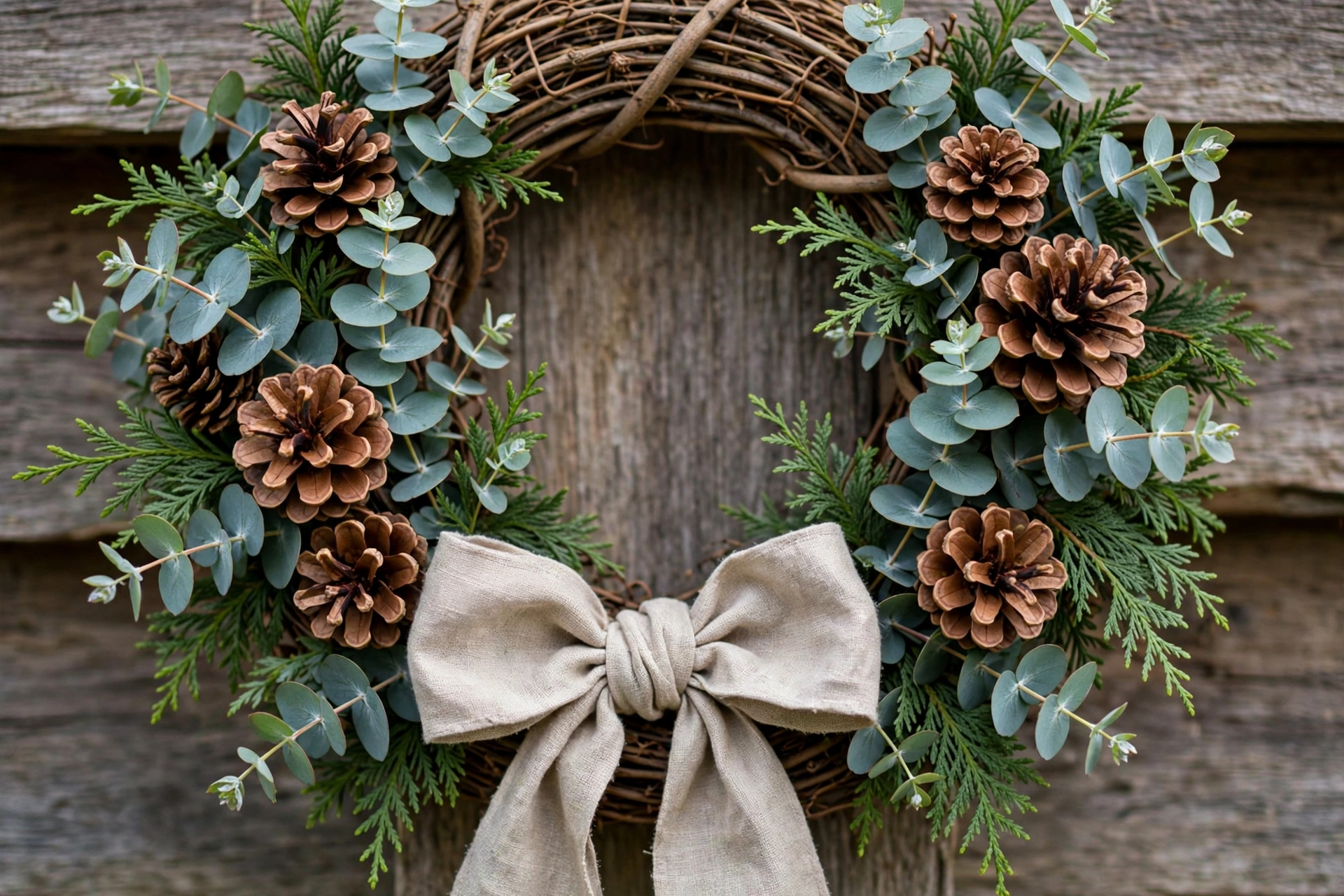 Handmade wreath of pinecones, eucalyptus, and cedar on a grapevine base with a linen bow.
