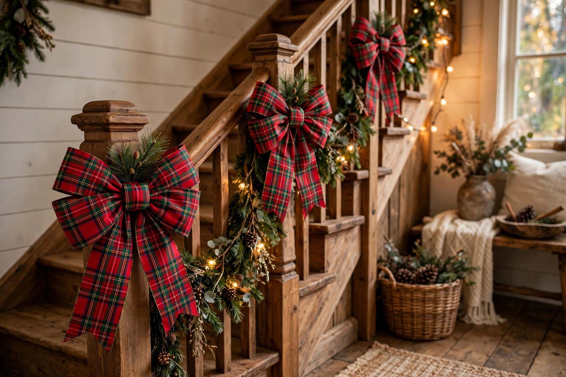 Oversized red and green plaid bows tied on staircase newel posts with pine sprigs.