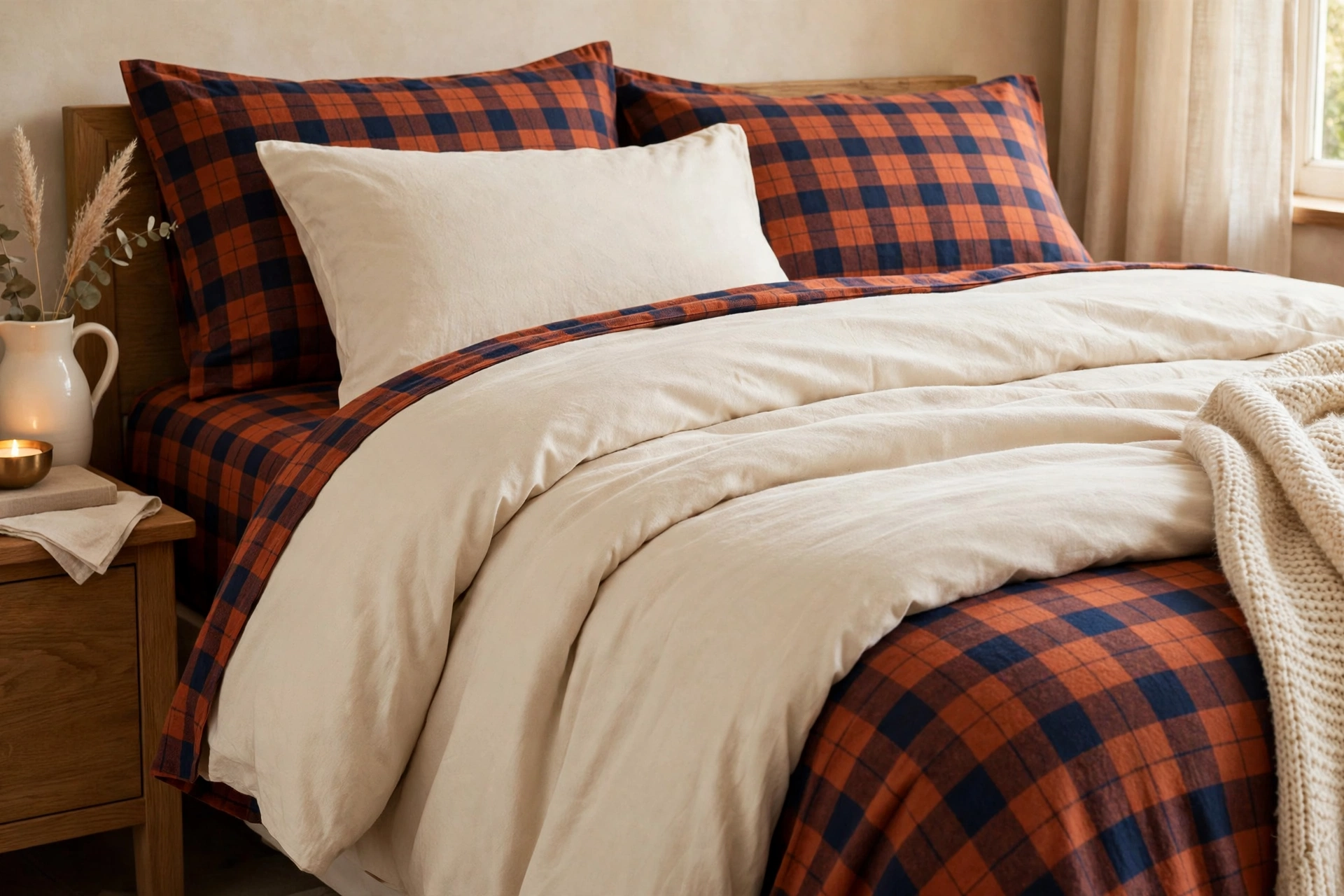 Warm plaid flannel sheets in rust and navy with a solid cream duvet on a bed.