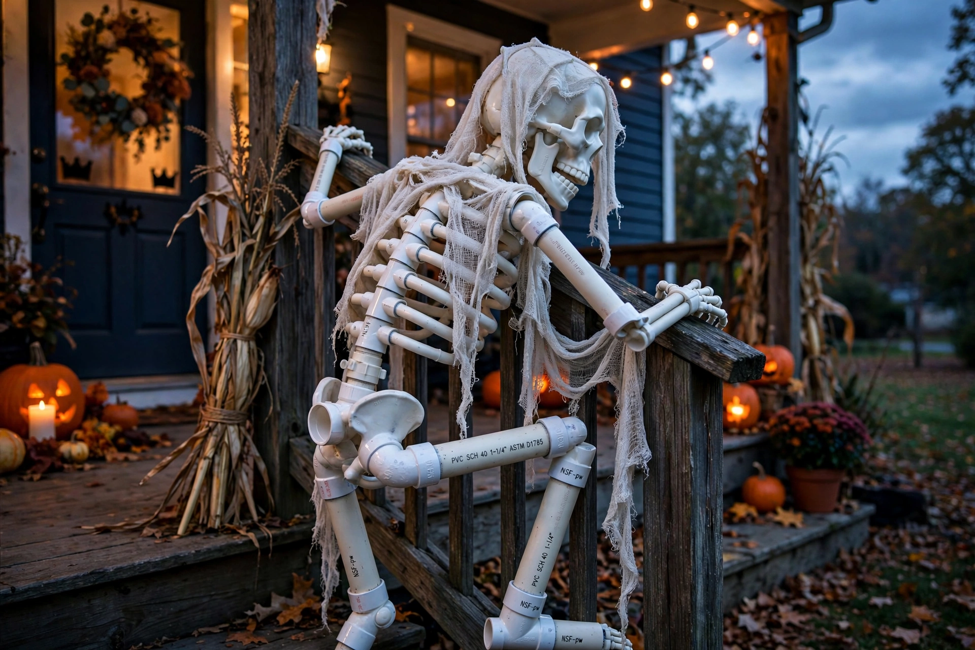 Life-size PVC pipe skeleton draped in cheesecloth posed climbing a porch railing.