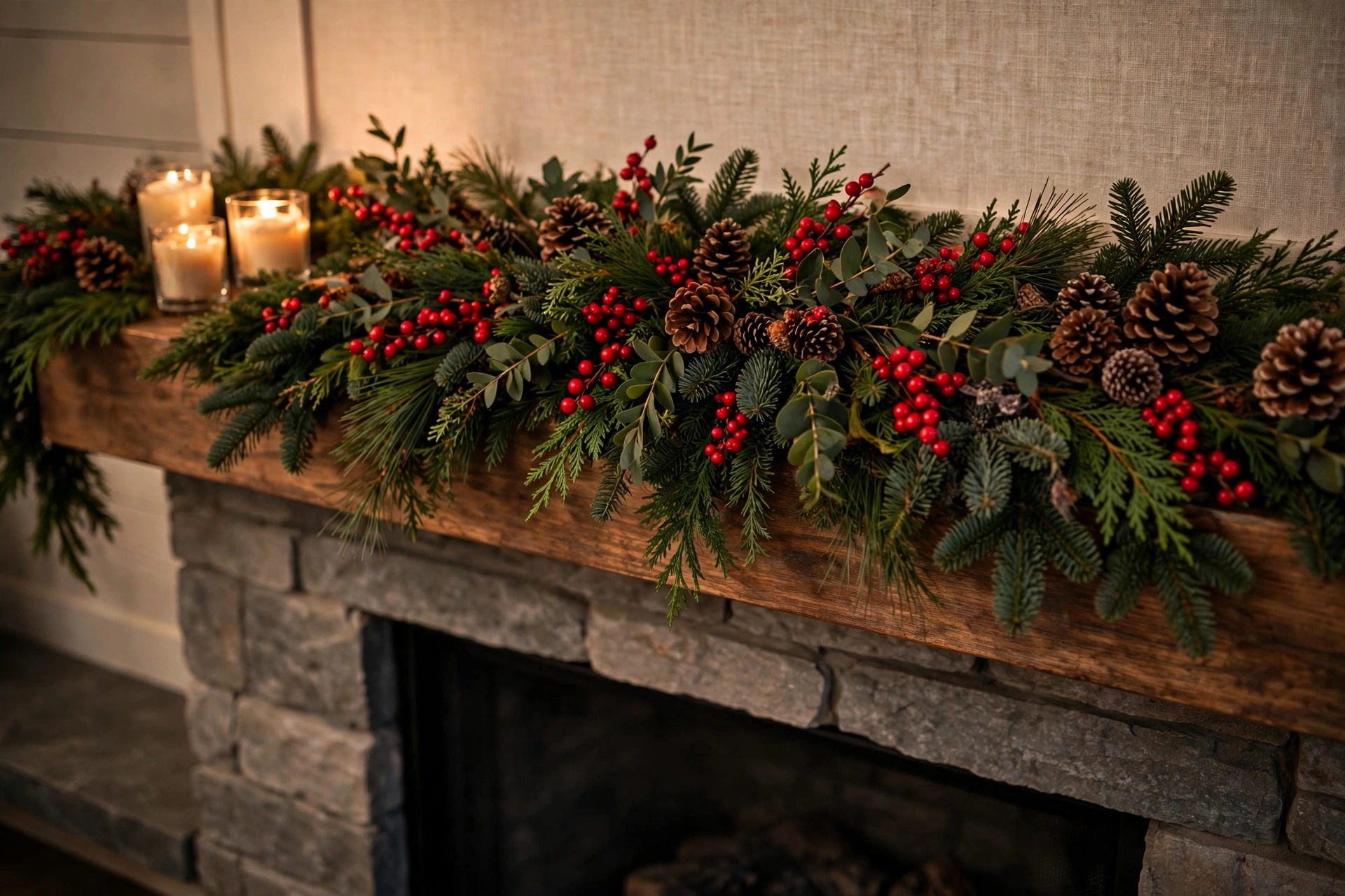 Mantel garland of deep green evergreens woven with bright red berry picks and pinecones.