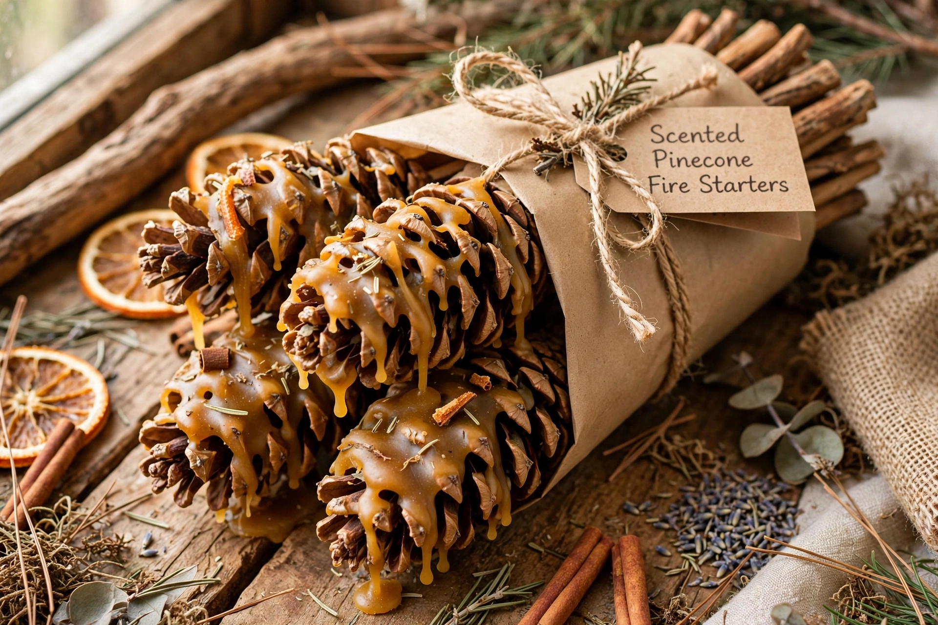 Bundle of wax-dipped scented pinecone fire starters tied with twine and kraft paper.