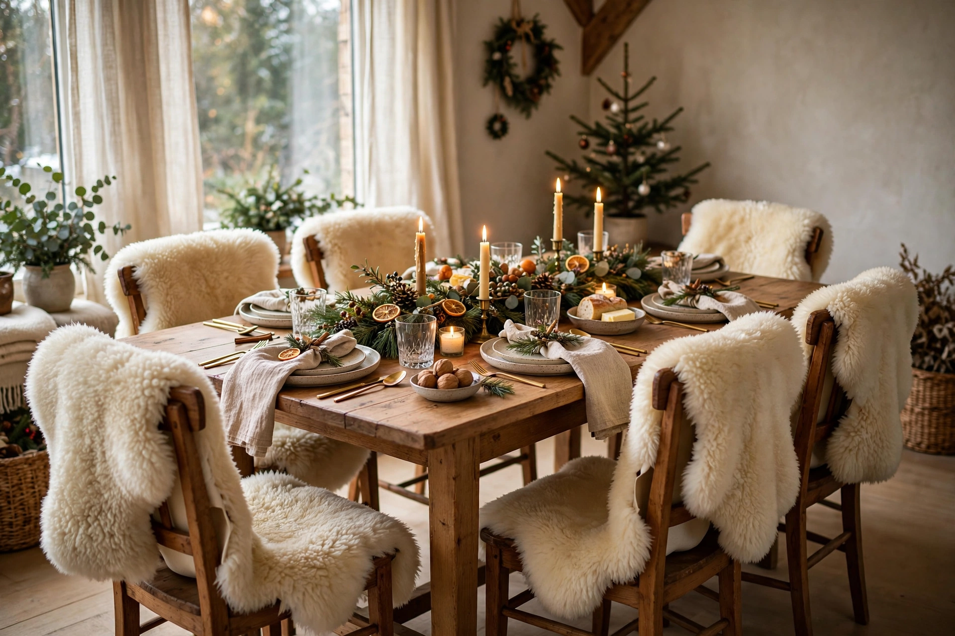 Cream sheepskin throws draped over wooden dining chairs around a holiday table.