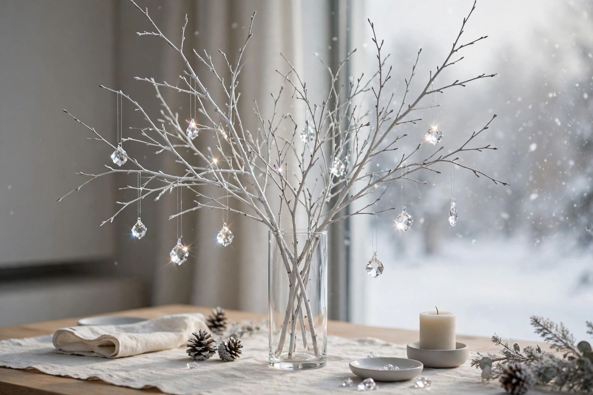 Snowy white branch arrangement in a tall vase as winter centerpiece