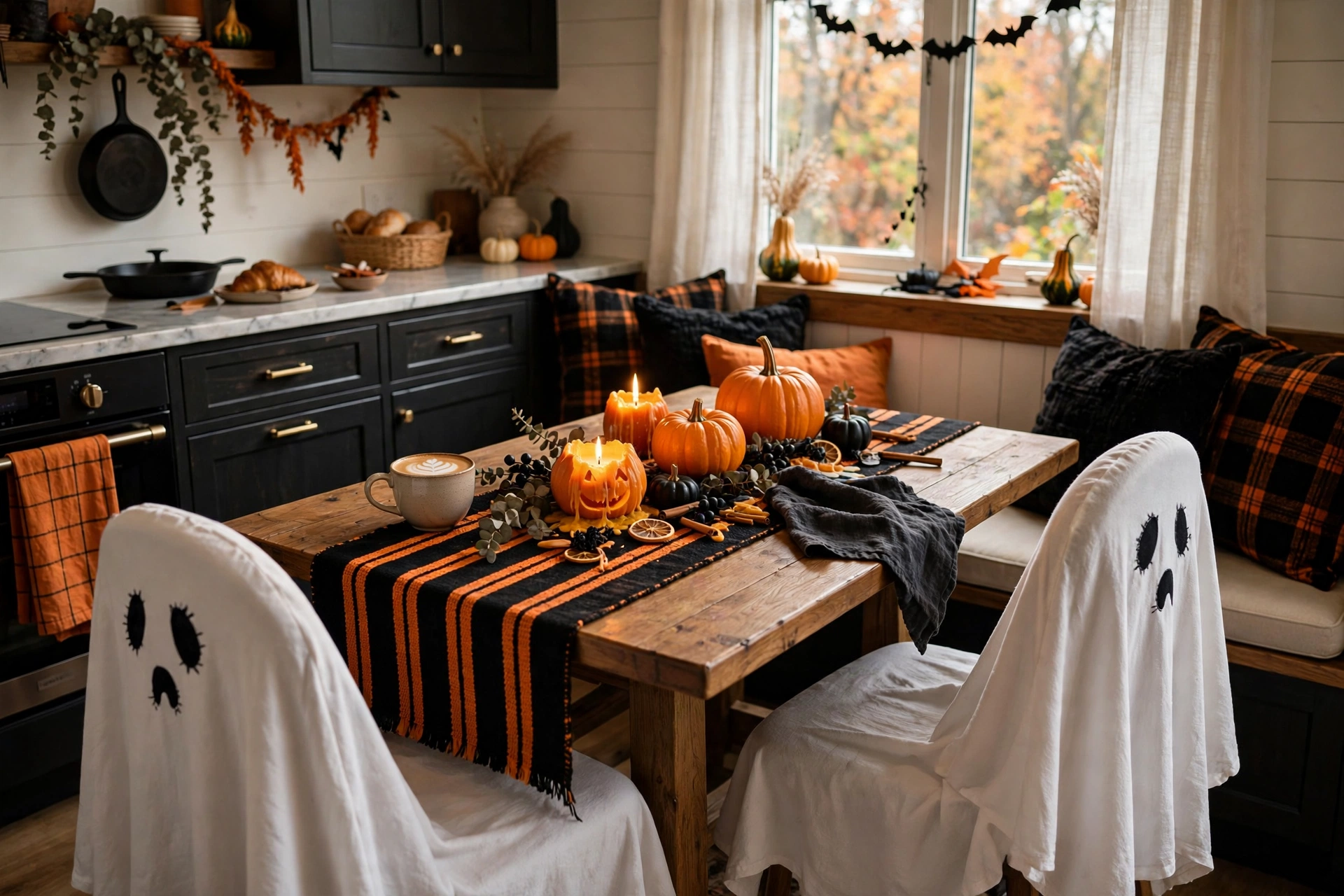 Breakfast nook with black and orange runner, pumpkin candles and ghost chair covers.