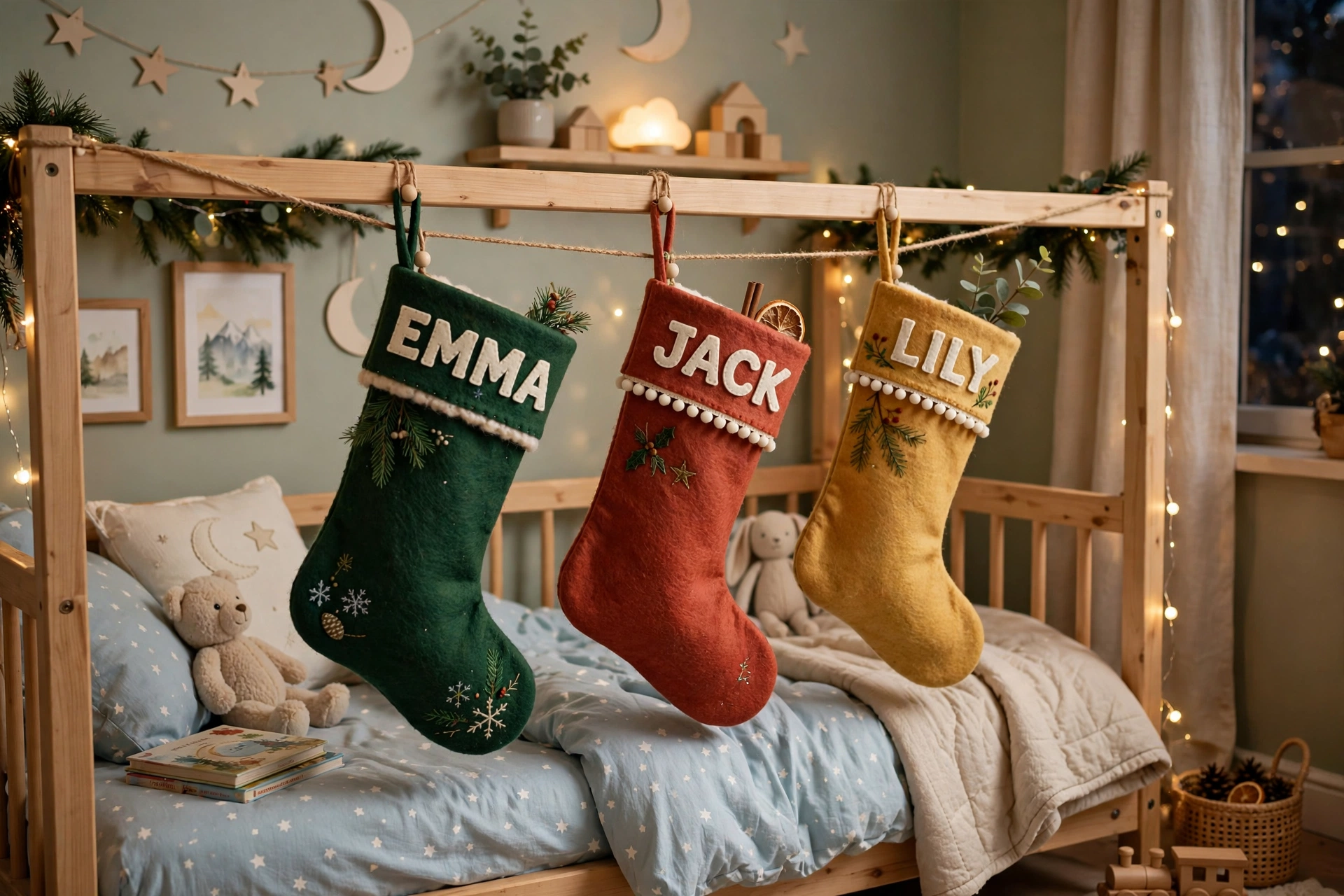 Stocking display — Christmas bedroom idea for kids